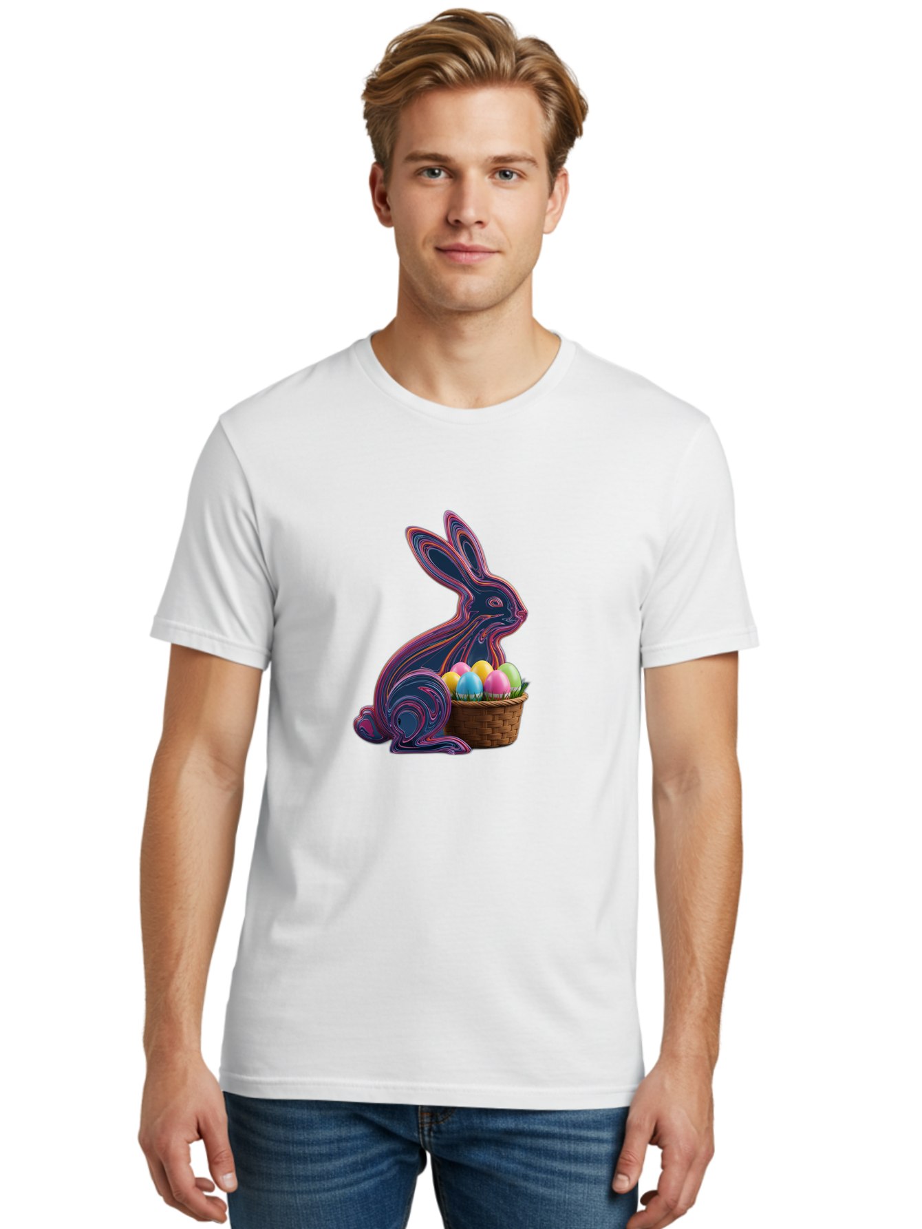 Easter-Bunny-1 Men'S Graphic Tee, 100% Cotton, Comfortable Casual Summer Wear, Machine Washable, Easter Bunny, Pastel Eggs, Colorful Eggs, Wicker Basket, Festive Decor, Spring Theme, Vibrant Colors, Holiday Symbol, Easter Eggs Baa597