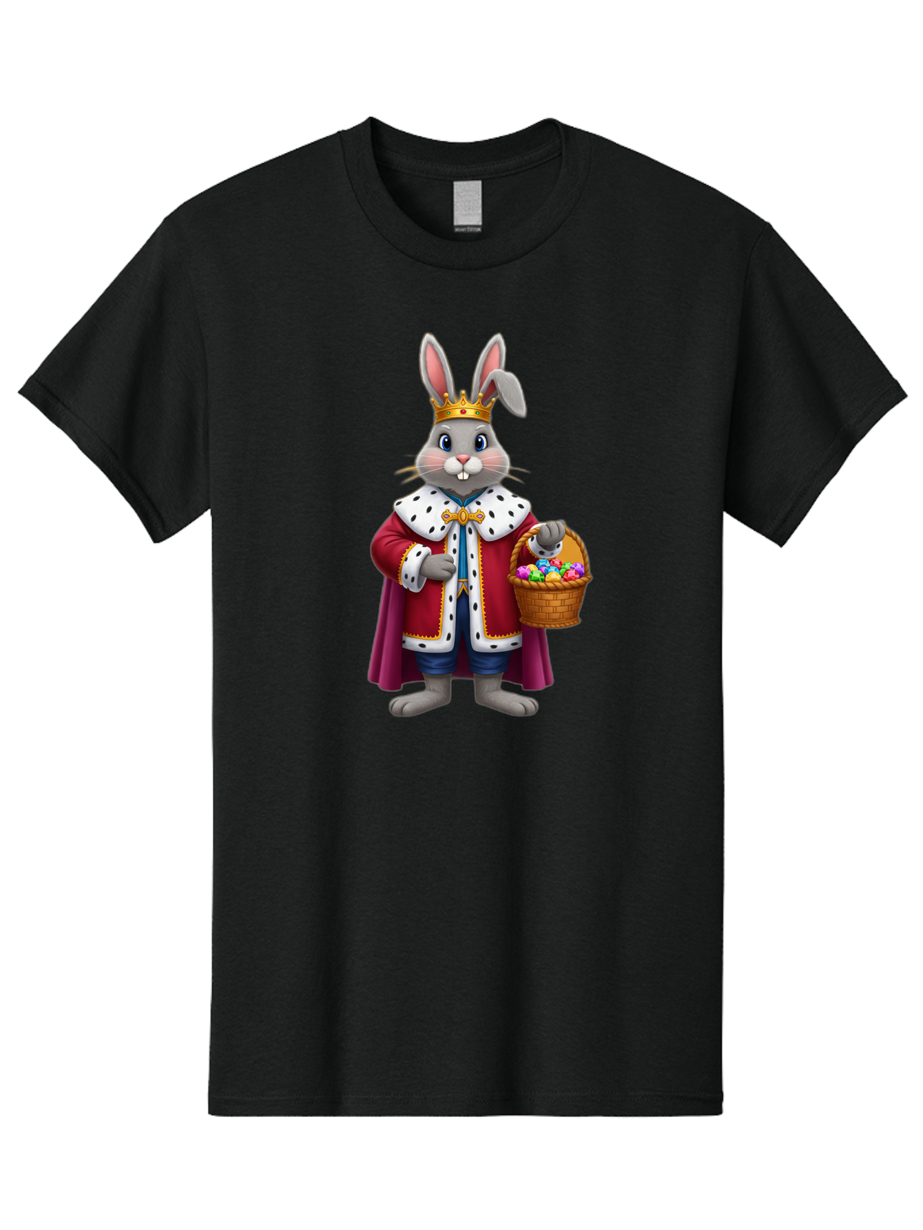 Easter-Bunny-King Men'S Graphic Tee, 100% Cotton, Comfortable Casual Summer Wear, Machine Washable, Easter Bunny With Crown, Royal Easter Bunny, Easter Eggs In Basket, Colorful Eggs, Festive Easter Scene, Cartoon Bunny Character, Baa598