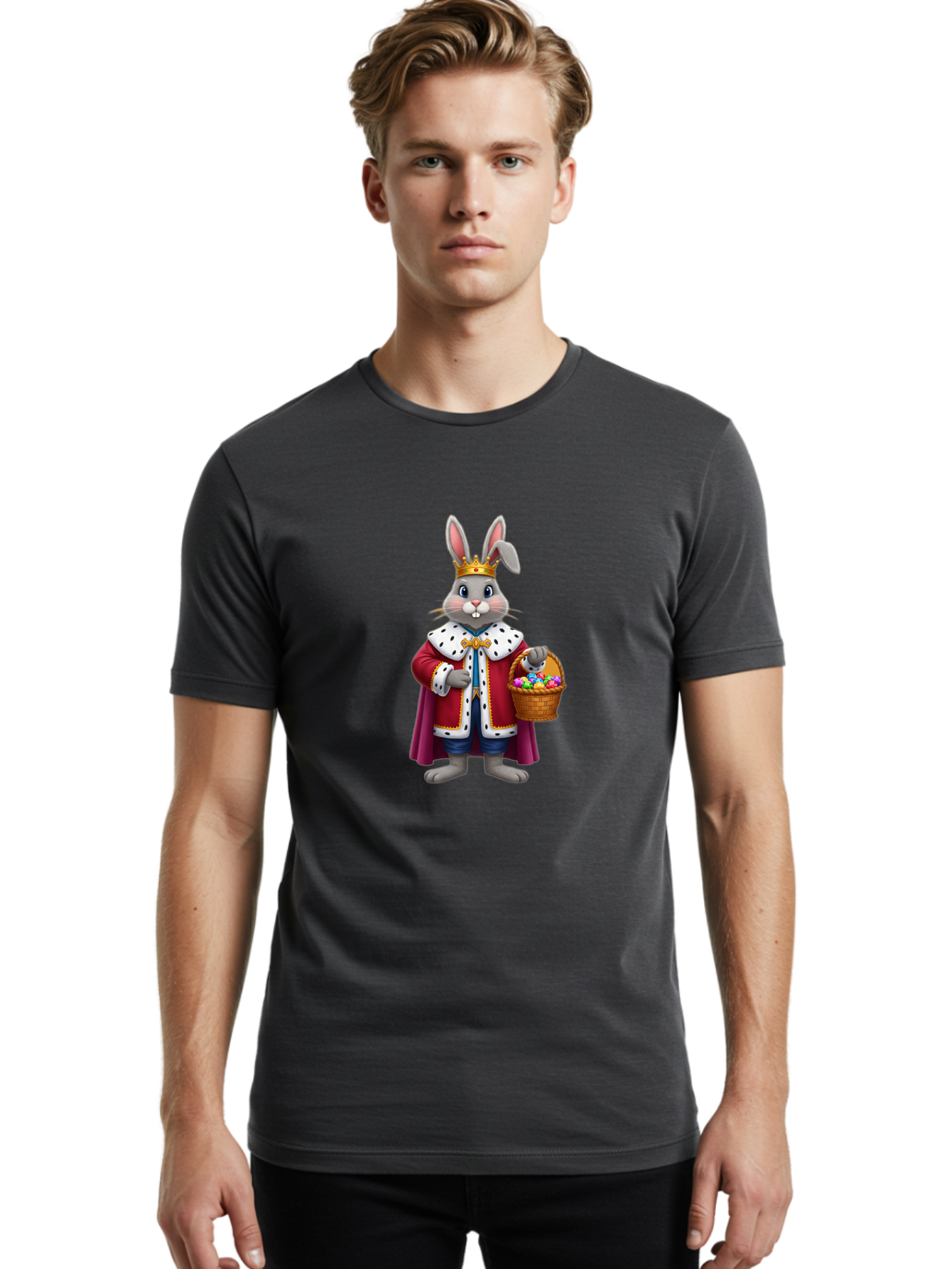 Easter-Bunny-King Men'S Graphic Tee, 100% Cotton, Comfortable Casual Summer Wear, Machine Washable, Easter Bunny With Crown, Royal Easter Bunny, Easter Eggs In Basket, Colorful Eggs, Festive Easter Scene, Cartoon Bunny Character, Baa598
