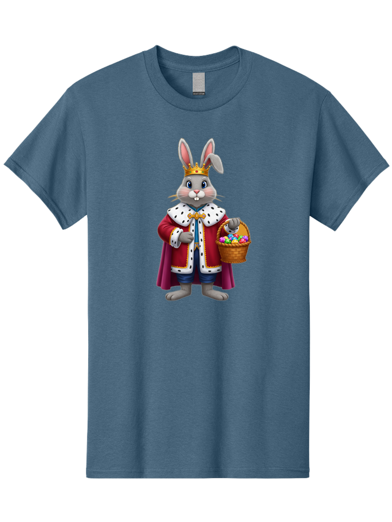 Easter-Bunny-King Men'S Graphic Tee, 100% Cotton, Comfortable Casual Summer Wear, Machine Washable, Easter Bunny With Crown, Royal Easter Bunny, Easter Eggs In Basket, Colorful Eggs, Festive Easter Scene, Cartoon Bunny Character, Baa598