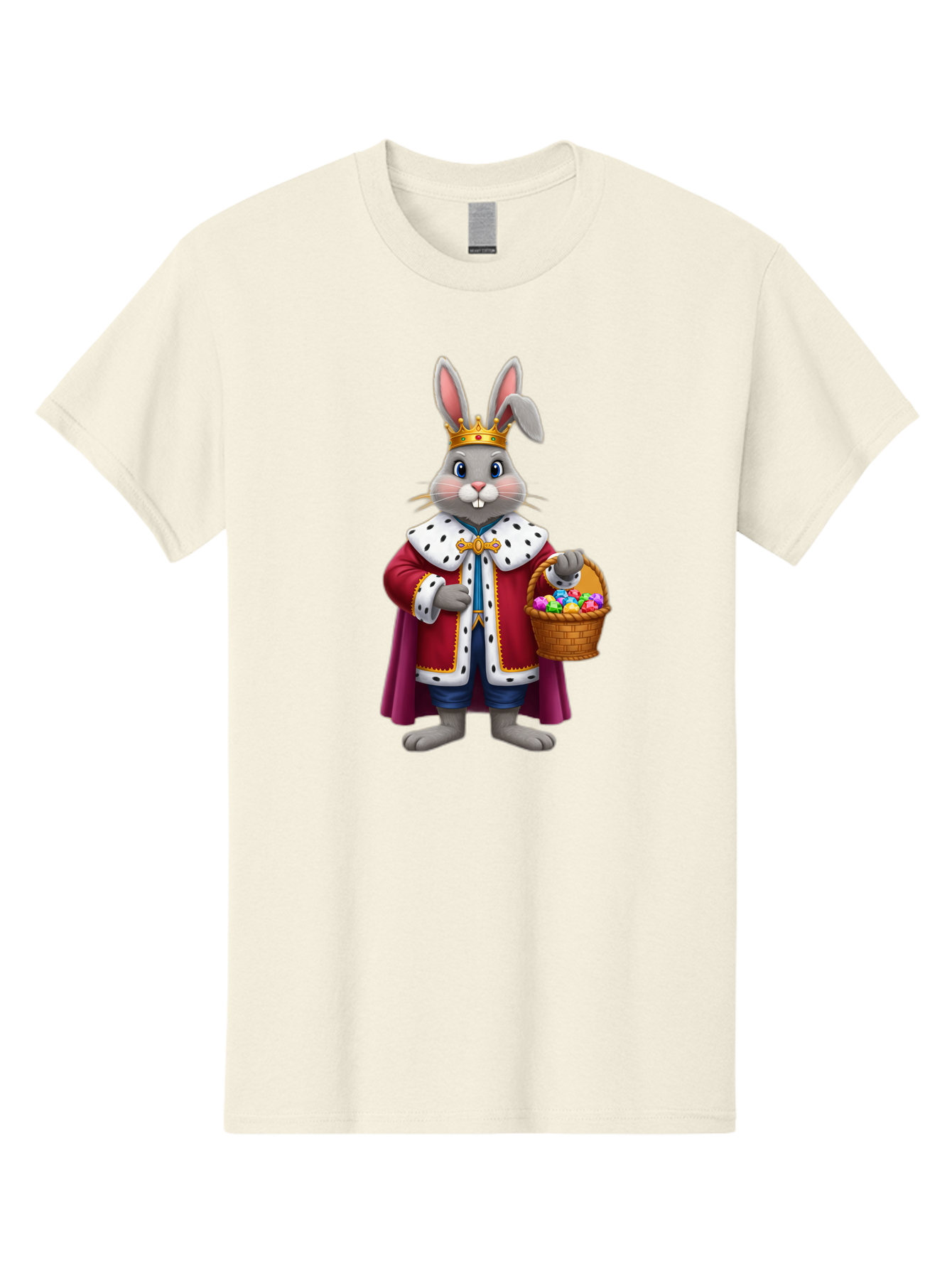 Easter-Bunny-King Men'S Graphic Tee, 100% Cotton, Comfortable Casual Summer Wear, Machine Washable, Easter Bunny With Crown, Royal Easter Bunny, Easter Eggs In Basket, Colorful Eggs, Festive Easter Scene, Cartoon Bunny Character, Baa598