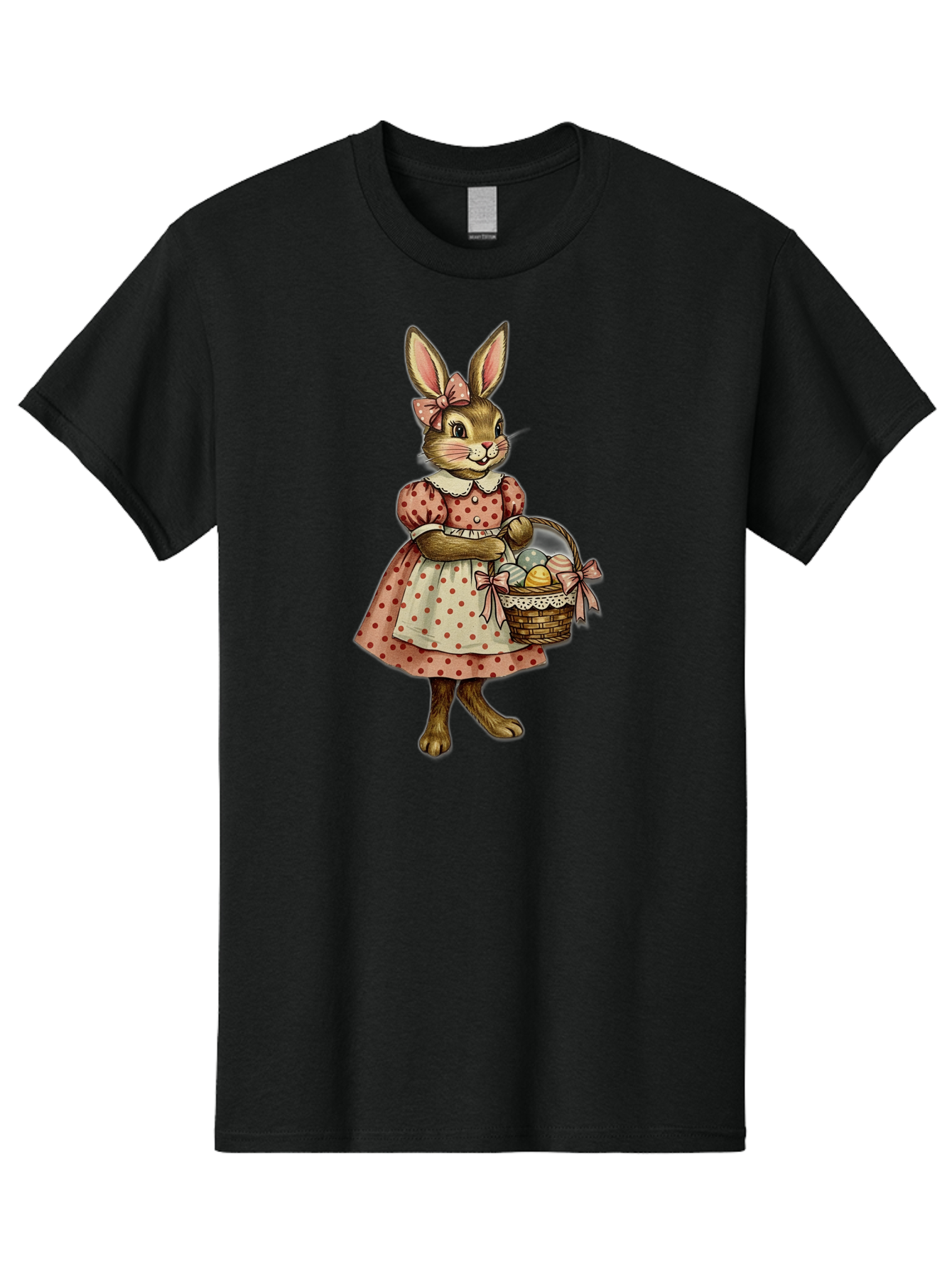 Easter-Bunny Men'S Graphic Tee, 100% Cotton, Comfortable Casual Summer Wear, Machine Washable, Anthropomorphic Rabbit, Easter Eggs, Polka Dot Dress, Wicker Basket, Pastel Colors, Spring Season, Easter Celebration, Vintage Style, Baa599