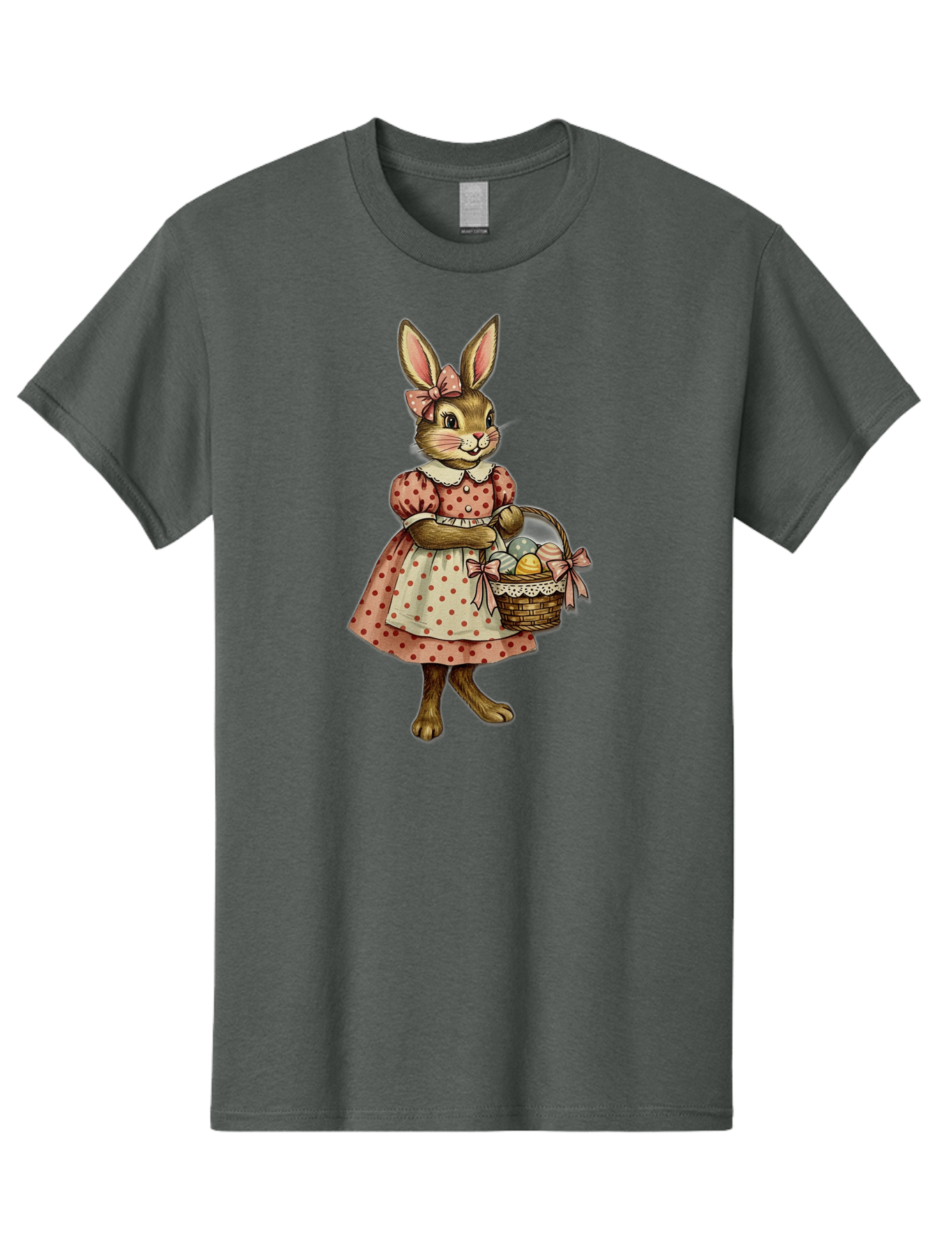 Easter-Bunny Men'S Graphic Tee, 100% Cotton, Comfortable Casual Summer Wear, Machine Washable, Anthropomorphic Rabbit, Easter Eggs, Polka Dot Dress, Wicker Basket, Pastel Colors, Spring Season, Easter Celebration, Vintage Style, Baa599
