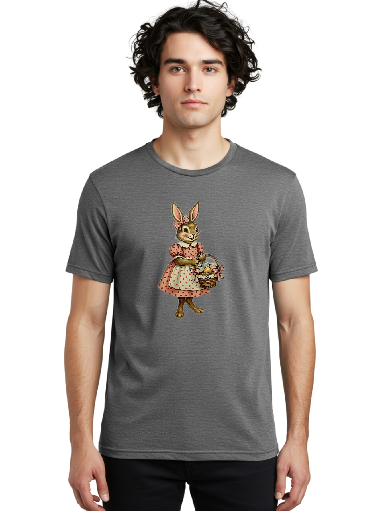 Easter-Bunny Men'S Graphic Tee, 100% Cotton, Comfortable Casual Summer Wear, Machine Washable, Anthropomorphic Rabbit, Easter Eggs, Polka Dot Dress, Wicker Basket, Pastel Colors, Spring Season, Easter Celebration, Vintage Style, Baa599