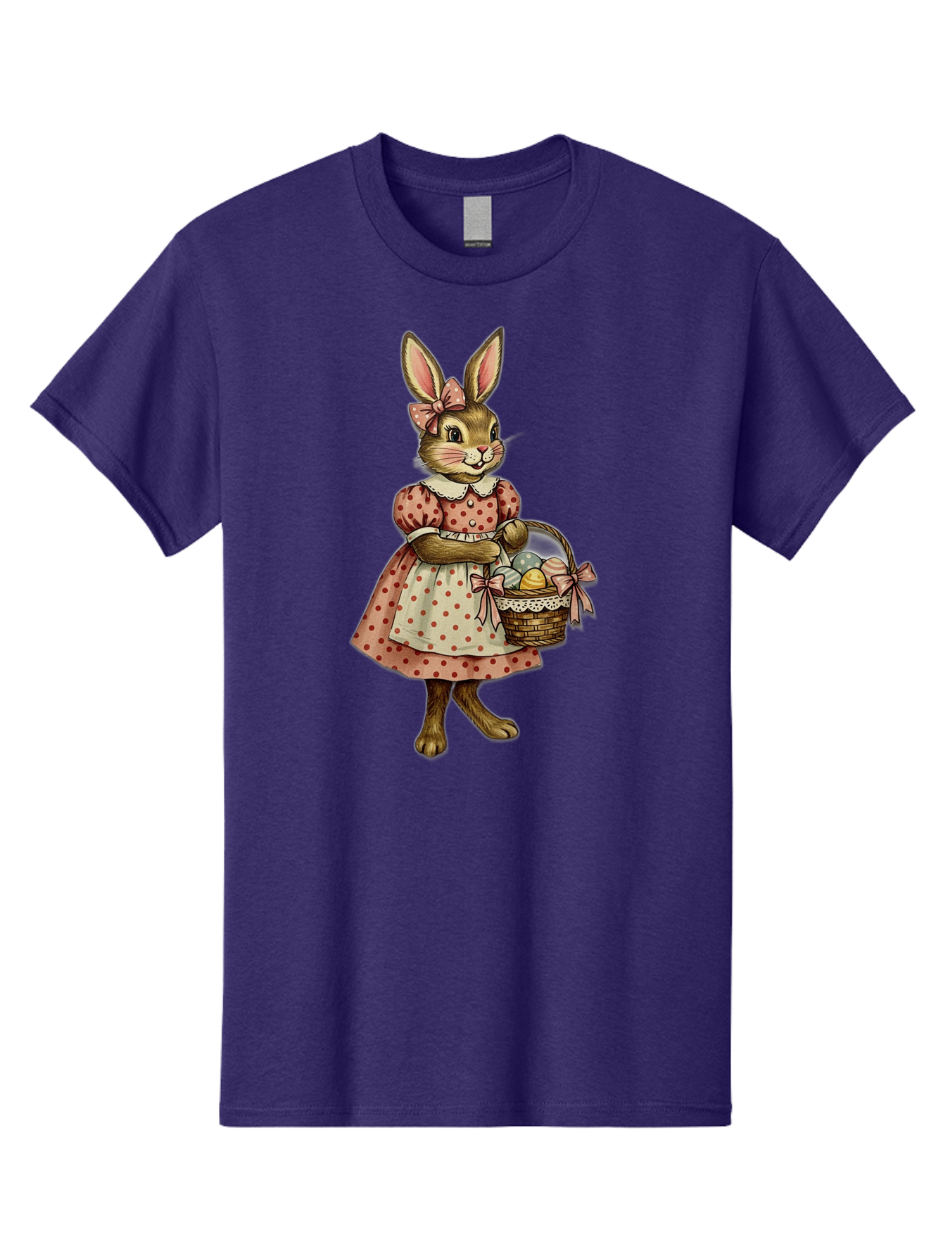 Easter-Bunny Men'S Graphic Tee, 100% Cotton, Comfortable Casual Summer Wear, Machine Washable, Anthropomorphic Rabbit, Easter Eggs, Polka Dot Dress, Wicker Basket, Pastel Colors, Spring Season, Easter Celebration, Vintage Style, Baa599