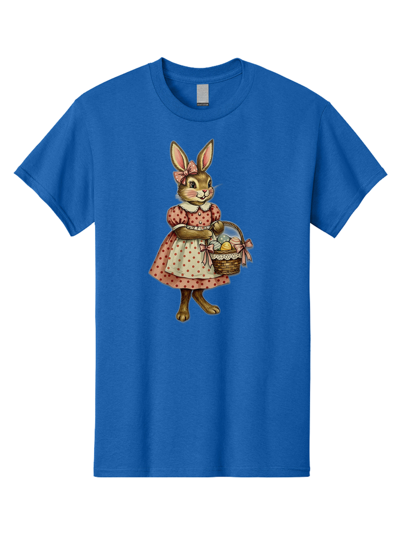 Easter-Bunny Men'S Graphic Tee, 100% Cotton, Comfortable Casual Summer Wear, Machine Washable, Anthropomorphic Rabbit, Easter Eggs, Polka Dot Dress, Wicker Basket, Pastel Colors, Spring Season, Easter Celebration, Vintage Style, Baa599