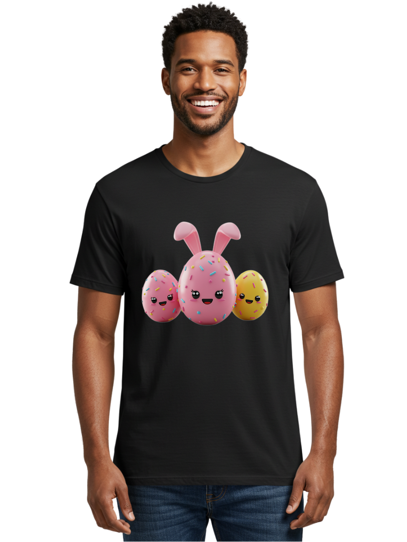 Easter-Egg-Characters Men'S Graphic Tee, 100% Cotton, Comfortable Casual Summer Wear, Machine Washable, Easter Eggs, Cartoon Characters, Smiling Faces, Sprinkles, Pastel Colors, 3D Rendering, Festive Vibe, Easter Celebration, Cute Eggs, Baa600