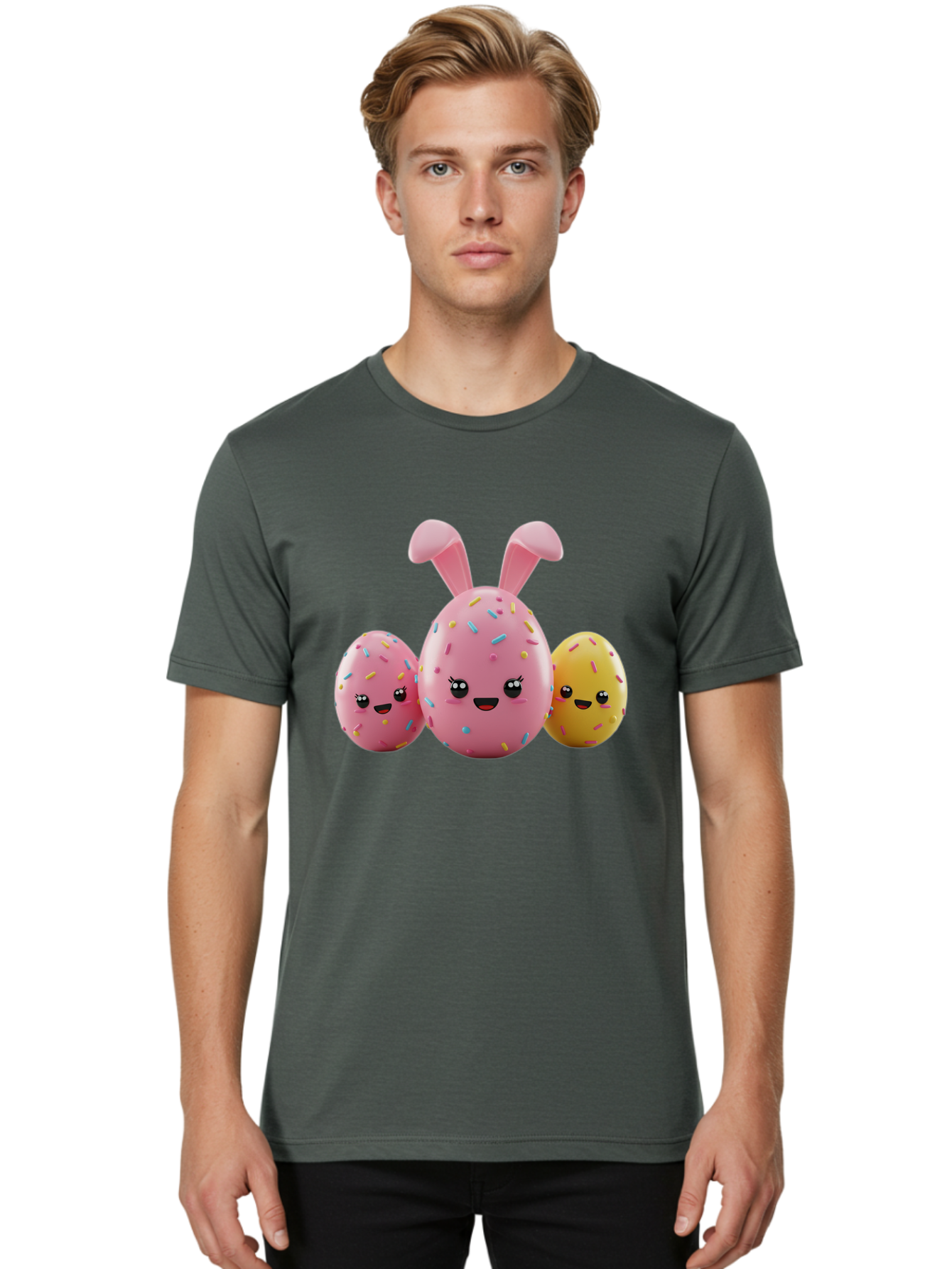 Easter-Egg-Characters Men'S Graphic Tee, 100% Cotton, Comfortable Casual Summer Wear, Machine Washable, Easter Eggs, Cartoon Characters, Smiling Faces, Sprinkles, Pastel Colors, 3D Rendering, Festive Vibe, Easter Celebration, Cute Eggs, Baa600