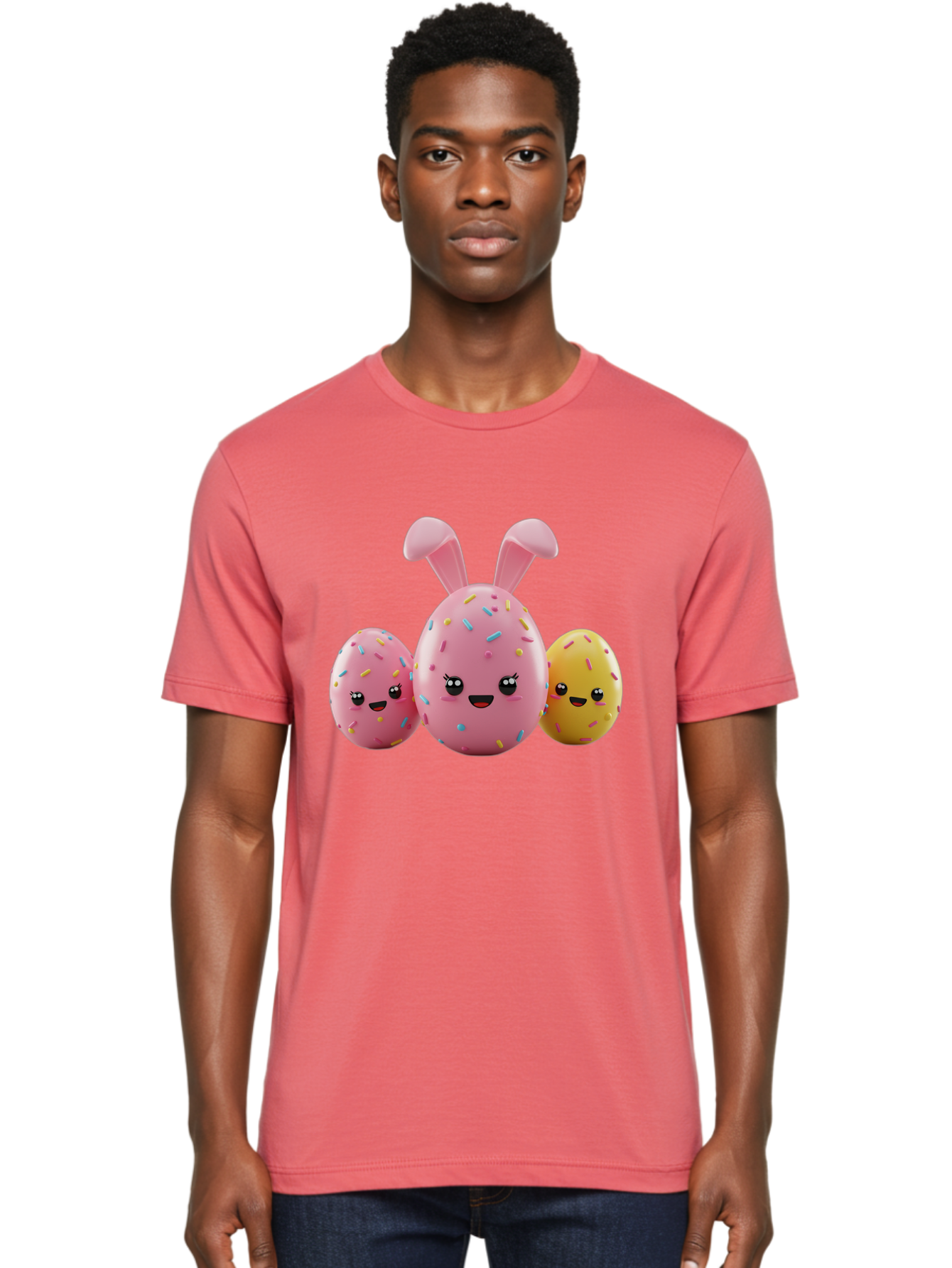 Easter-Egg-Characters Men'S Graphic Tee, 100% Cotton, Comfortable Casual Summer Wear, Machine Washable, Easter Eggs, Cartoon Characters, Smiling Faces, Sprinkles, Pastel Colors, 3D Rendering, Festive Vibe, Easter Celebration, Cute Eggs, Baa600