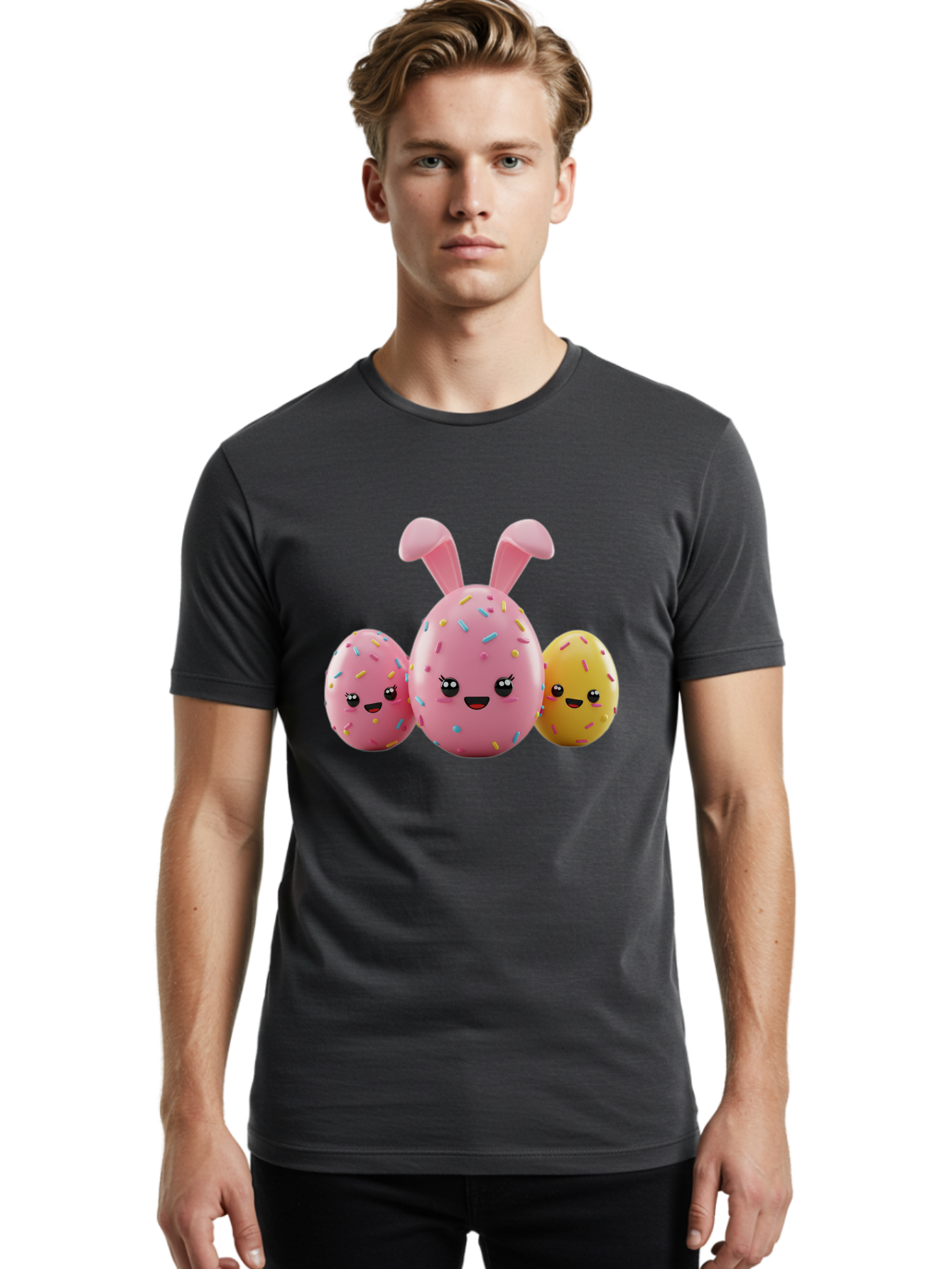 Easter-Egg-Characters Men'S Graphic Tee, 100% Cotton, Comfortable Casual Summer Wear, Machine Washable, Easter Eggs, Cartoon Characters, Smiling Faces, Sprinkles, Pastel Colors, 3D Rendering, Festive Vibe, Easter Celebration, Cute Eggs, Baa600