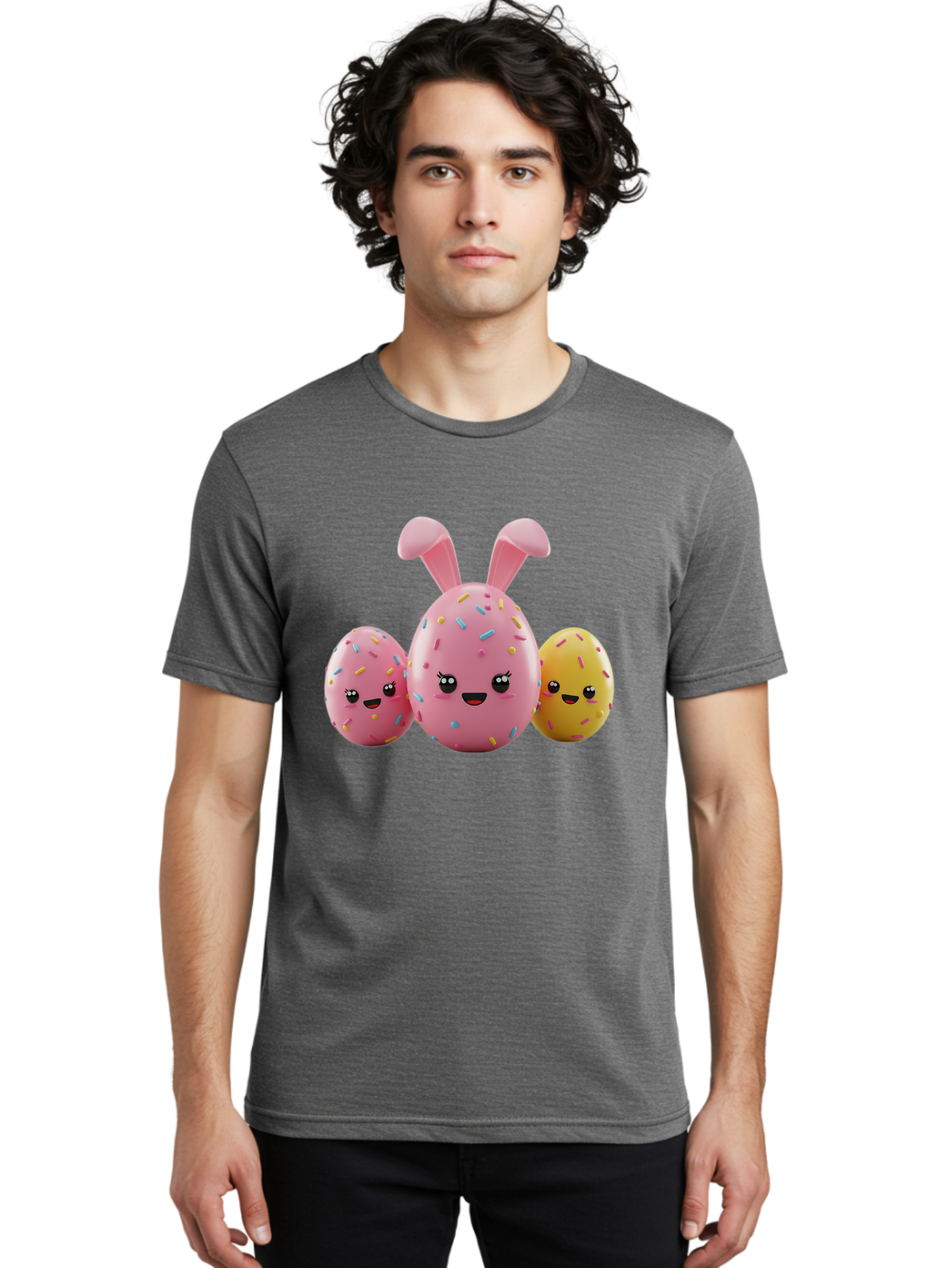 Easter-Egg-Characters Men'S Graphic Tee, 100% Cotton, Comfortable Casual Summer Wear, Machine Washable, Easter Eggs, Cartoon Characters, Smiling Faces, Sprinkles, Pastel Colors, 3D Rendering, Festive Vibe, Easter Celebration, Cute Eggs, Baa600