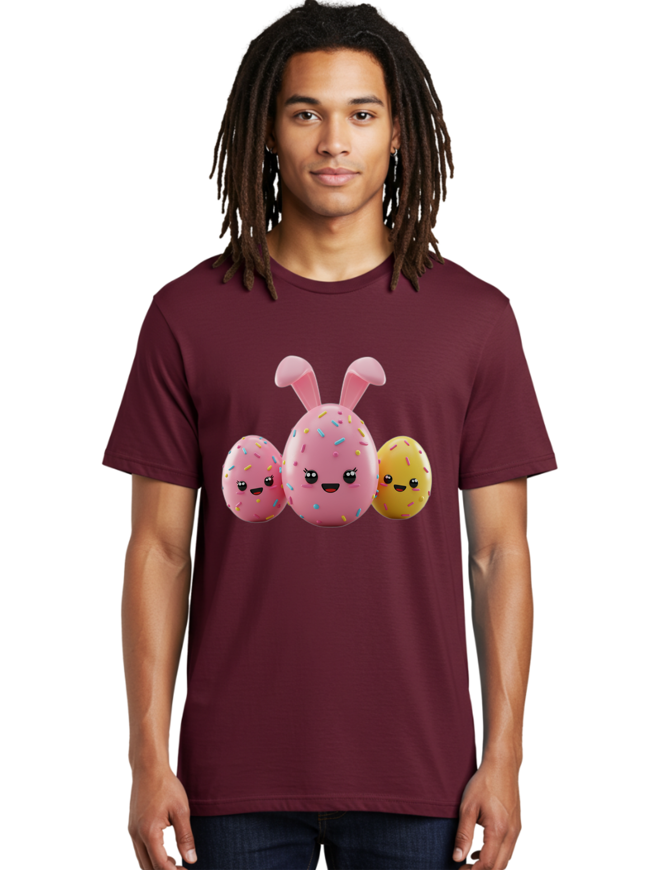 Easter-Egg-Characters Men'S Graphic Tee, 100% Cotton, Comfortable Casual Summer Wear, Machine Washable, Easter Eggs, Cartoon Characters, Smiling Faces, Sprinkles, Pastel Colors, 3D Rendering, Festive Vibe, Easter Celebration, Cute Eggs, Baa600