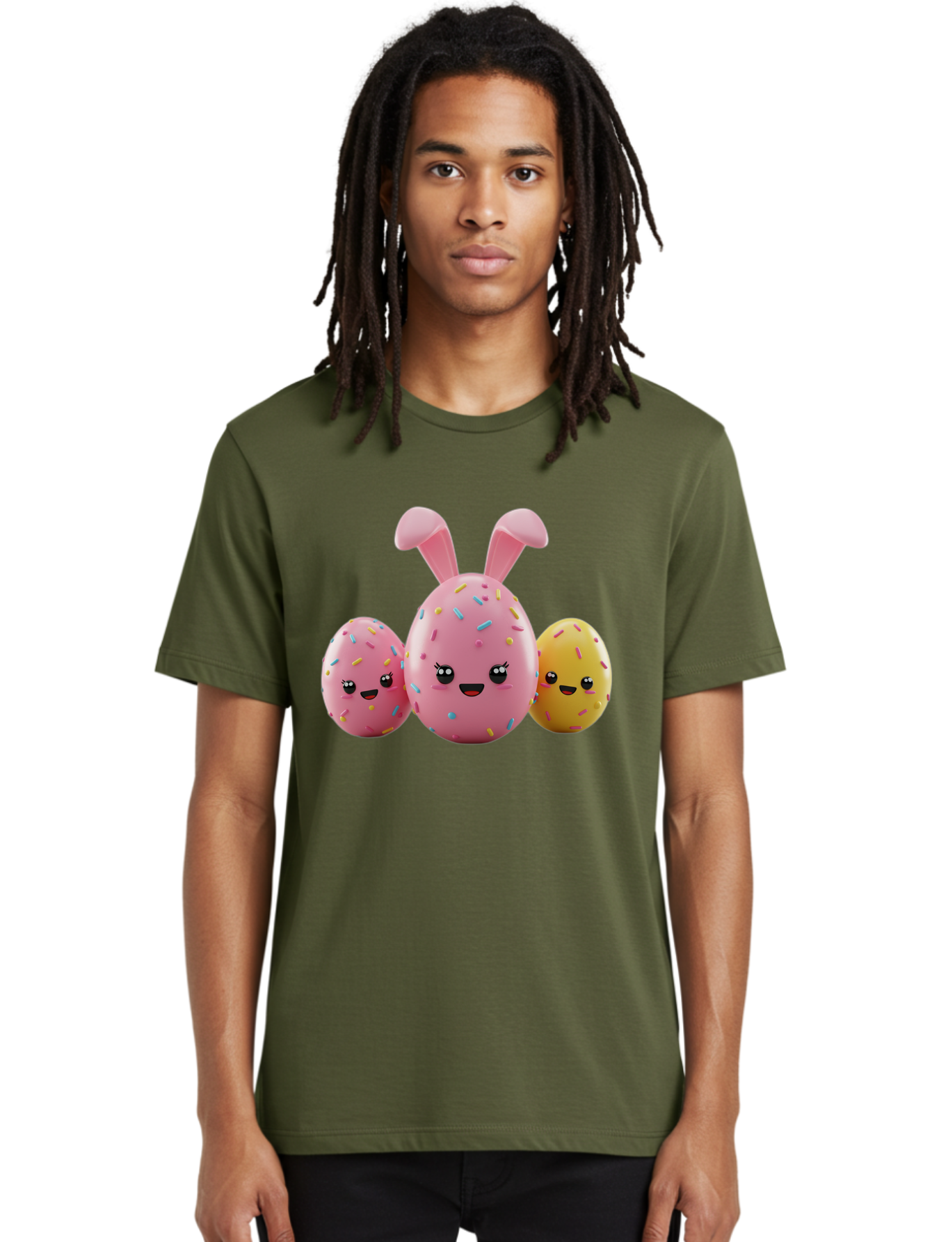 Easter-Egg-Characters Men'S Graphic Tee, 100% Cotton, Comfortable Casual Summer Wear, Machine Washable, Easter Eggs, Cartoon Characters, Smiling Faces, Sprinkles, Pastel Colors, 3D Rendering, Festive Vibe, Easter Celebration, Cute Eggs, Baa600