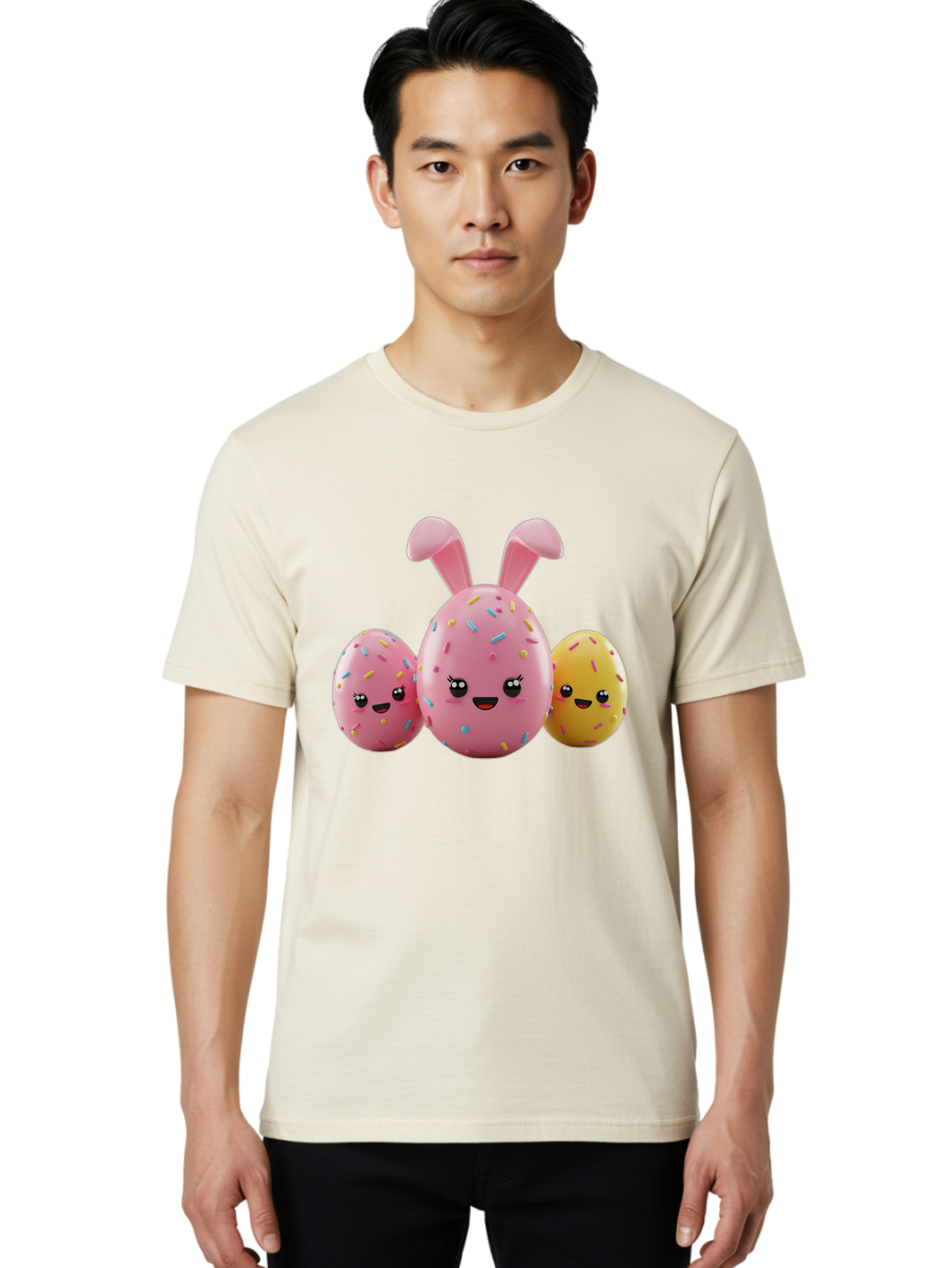 Easter-Egg-Characters Men'S Graphic Tee, 100% Cotton, Comfortable Casual Summer Wear, Machine Washable, Easter Eggs, Cartoon Characters, Smiling Faces, Sprinkles, Pastel Colors, 3D Rendering, Festive Vibe, Easter Celebration, Cute Eggs, Baa600