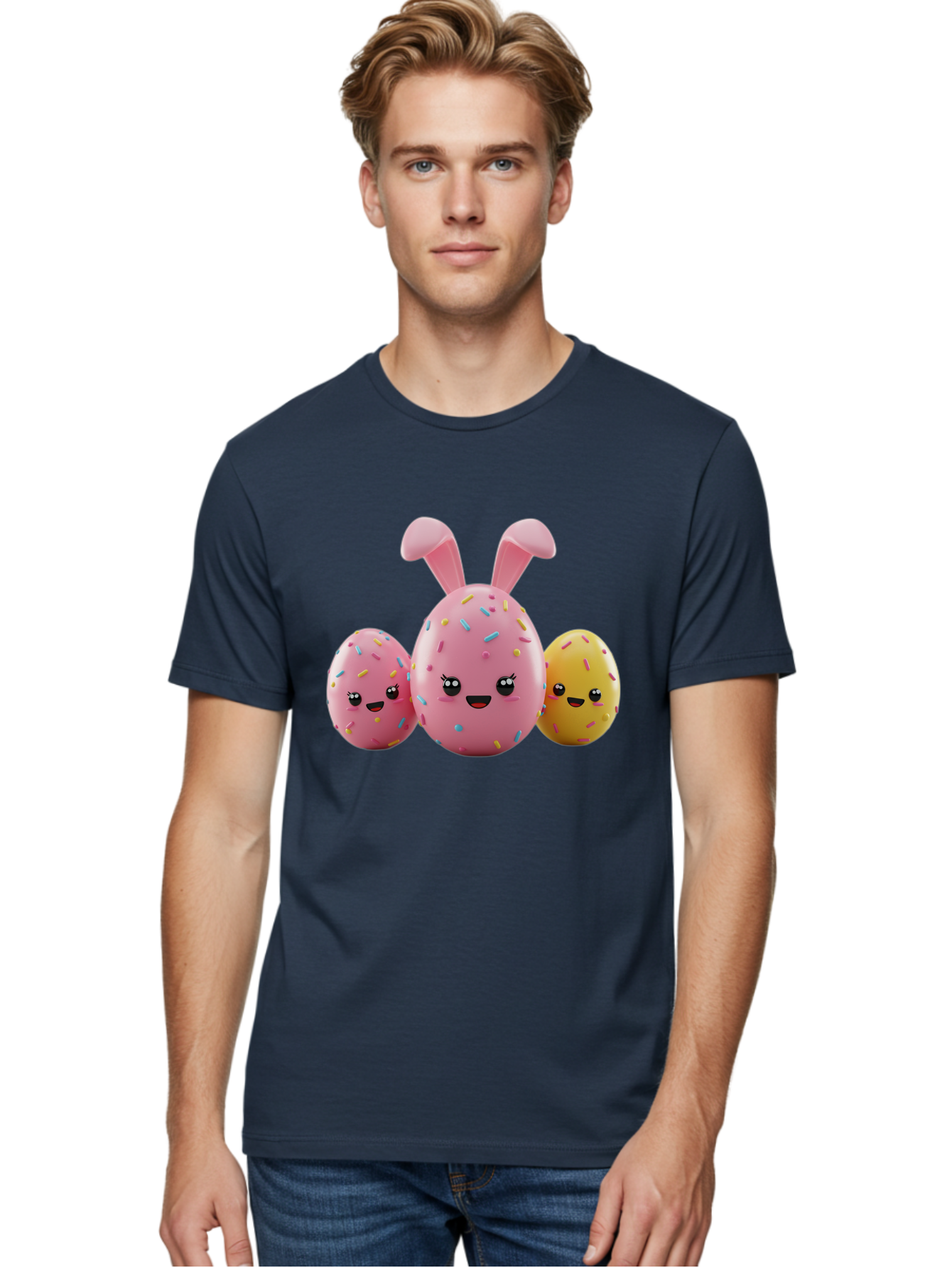 Easter-Egg-Characters Men'S Graphic Tee, 100% Cotton, Comfortable Casual Summer Wear, Machine Washable, Easter Eggs, Cartoon Characters, Smiling Faces, Sprinkles, Pastel Colors, 3D Rendering, Festive Vibe, Easter Celebration, Cute Eggs, Baa600
