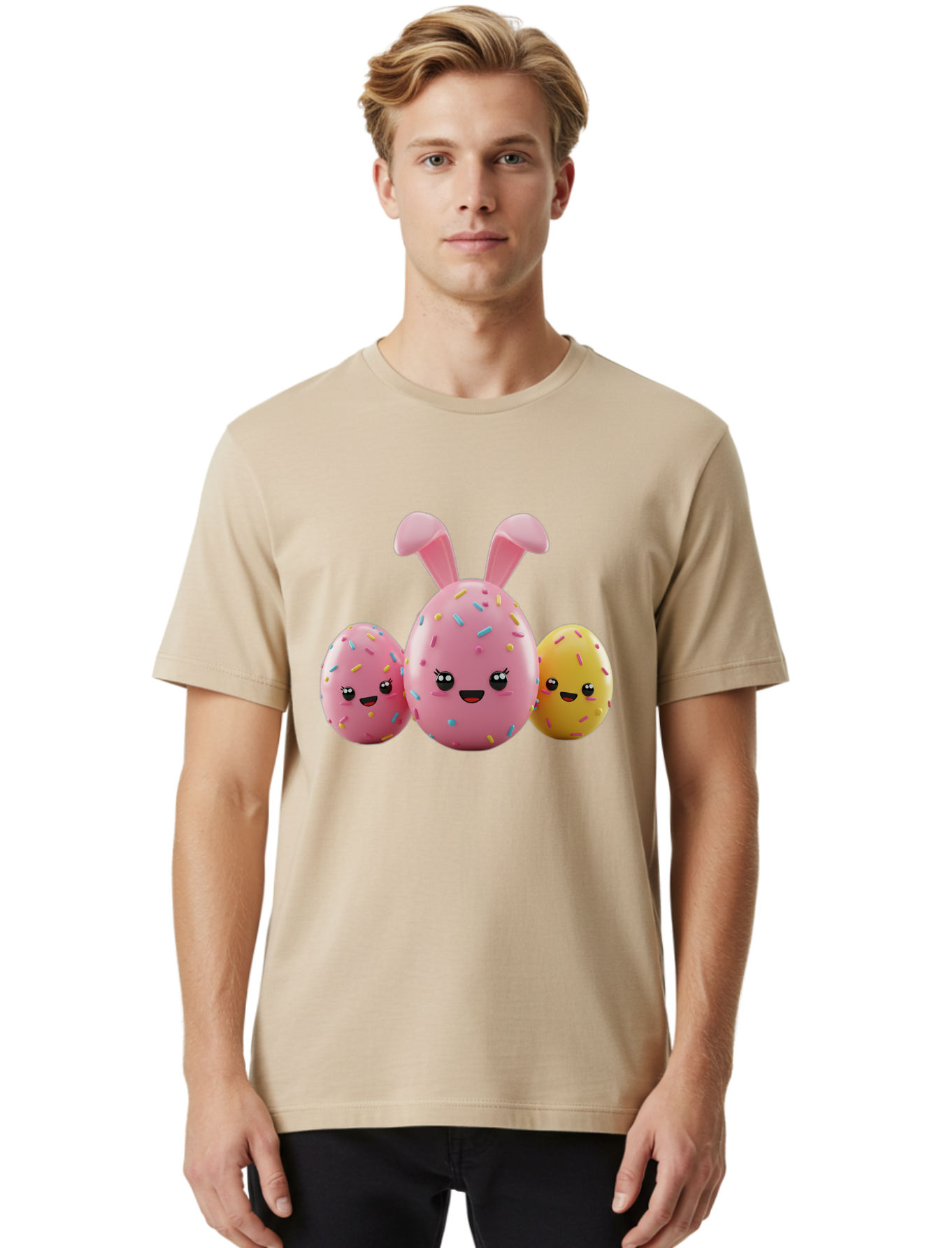 Easter-Egg-Characters Men'S Graphic Tee, 100% Cotton, Comfortable Casual Summer Wear, Machine Washable, Easter Eggs, Cartoon Characters, Smiling Faces, Sprinkles, Pastel Colors, 3D Rendering, Festive Vibe, Easter Celebration, Cute Eggs, Baa600