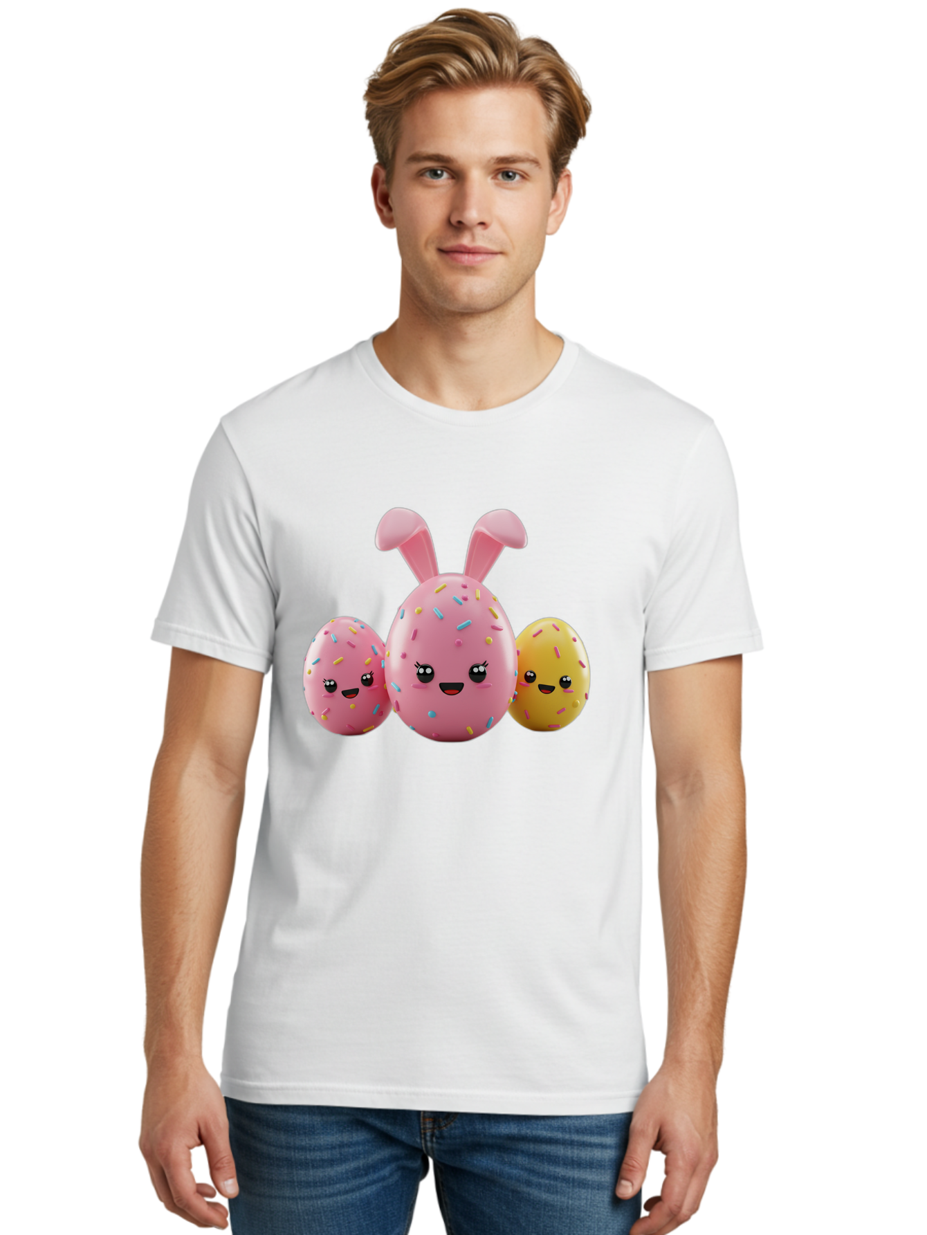 Easter-Egg-Characters Men'S Graphic Tee, 100% Cotton, Comfortable Casual Summer Wear, Machine Washable, Easter Eggs, Cartoon Characters, Smiling Faces, Sprinkles, Pastel Colors, 3D Rendering, Festive Vibe, Easter Celebration, Cute Eggs, Baa600