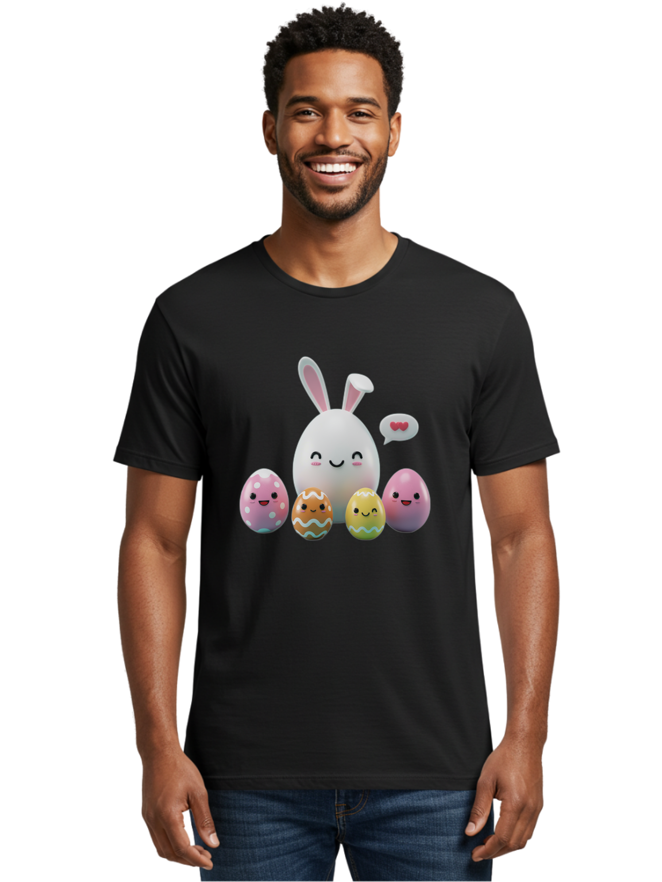 Easter-Egg-Friends Men'S Graphic Tee, 100% Cotton, Comfortable Casual Summer Wear, Machine Washable, Easter Eggs, Cartoon Eggs, Decorated Eggs, Cute Eggs, Egg Characters, Happy Easter, Pink Eggs, White Bunny, Cartoon Bunny, Easter Theme, Baa601