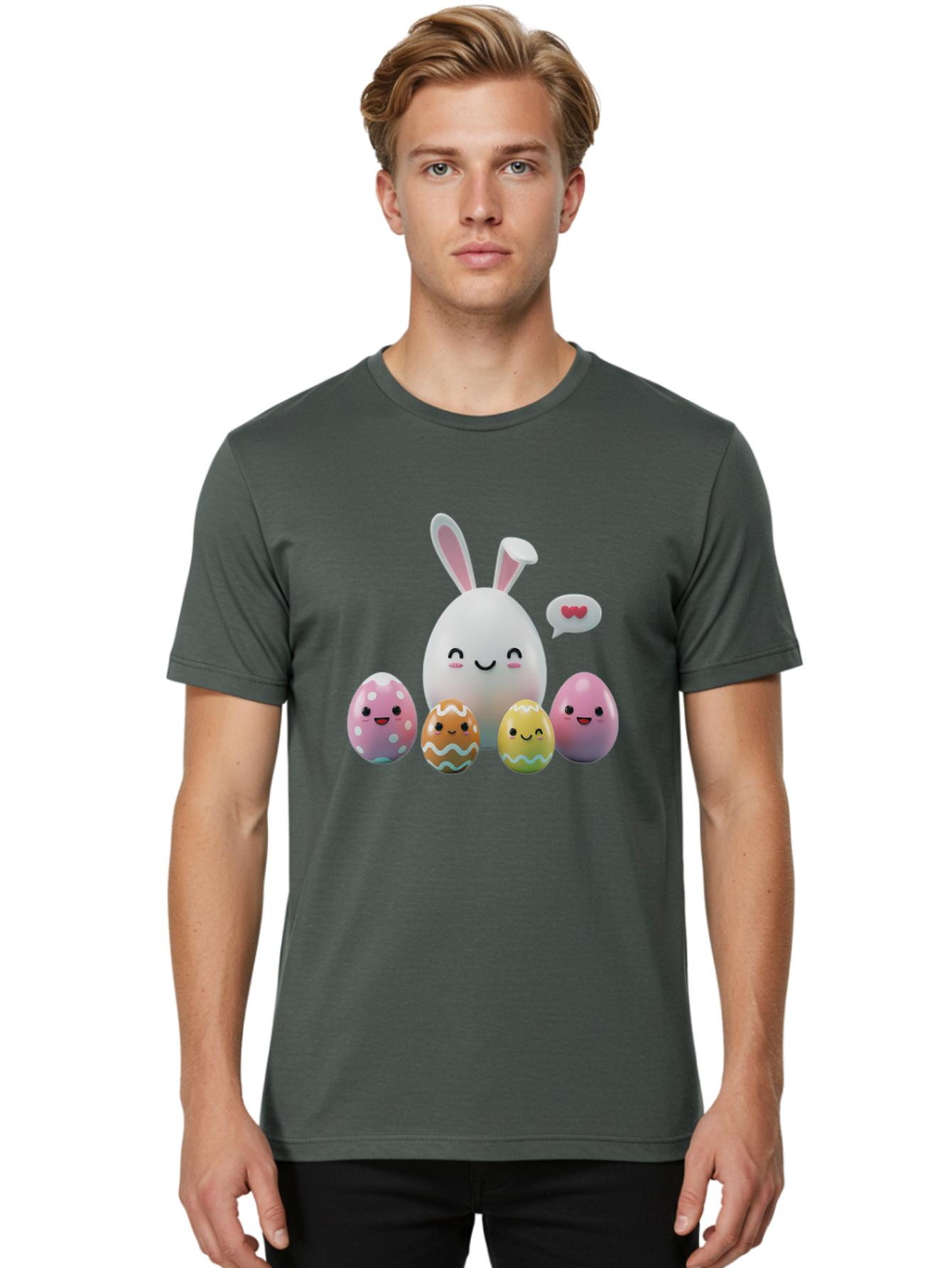 Easter-Egg-Friends Men'S Graphic Tee, 100% Cotton, Comfortable Casual Summer Wear, Machine Washable, Easter Eggs, Cartoon Eggs, Decorated Eggs, Cute Eggs, Egg Characters, Happy Easter, Pink Eggs, White Bunny, Cartoon Bunny, Easter Theme, Baa601
