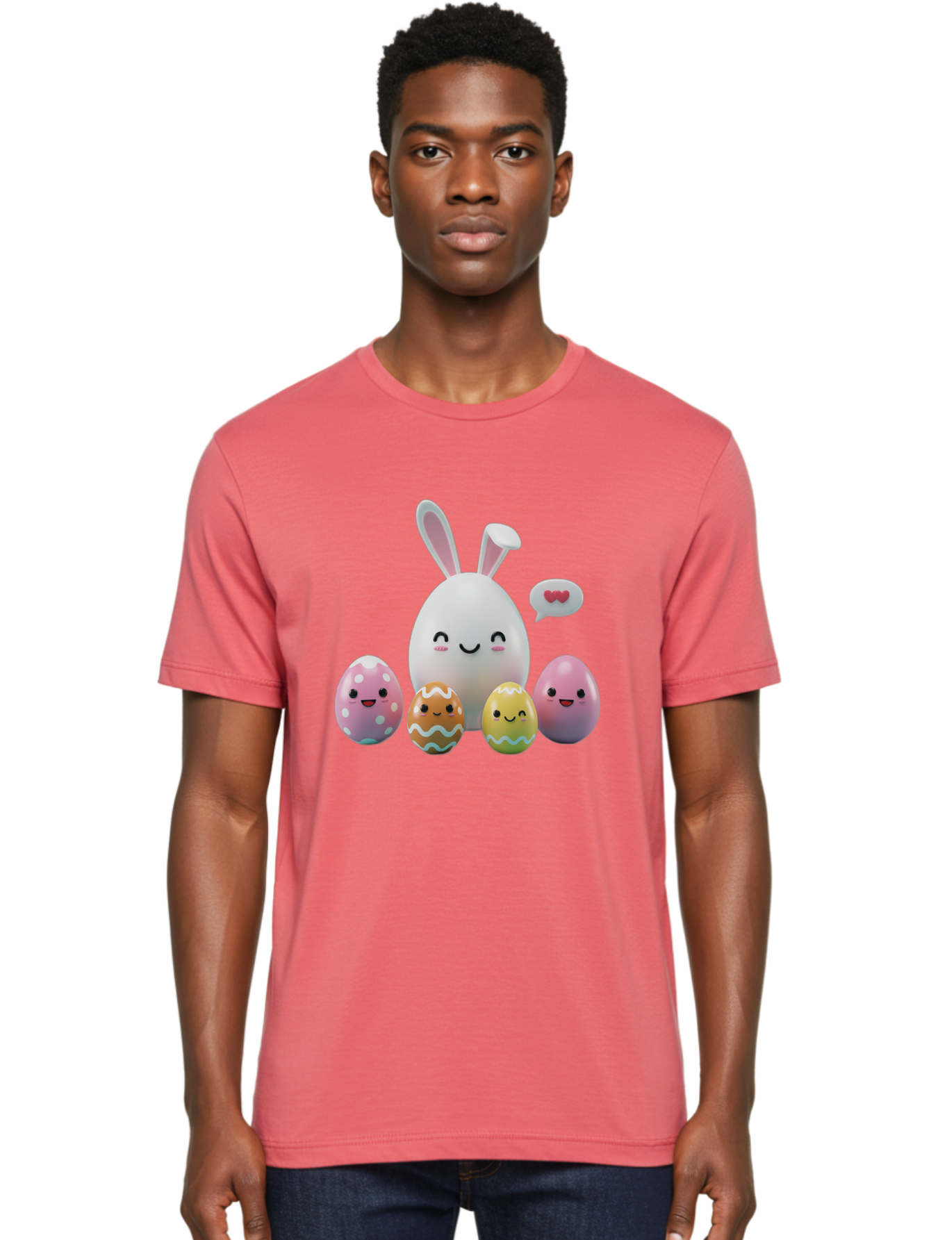 Easter-Egg-Friends Men'S Graphic Tee, 100% Cotton, Comfortable Casual Summer Wear, Machine Washable, Easter Eggs, Cartoon Eggs, Decorated Eggs, Cute Eggs, Egg Characters, Happy Easter, Pink Eggs, White Bunny, Cartoon Bunny, Easter Theme, Baa601