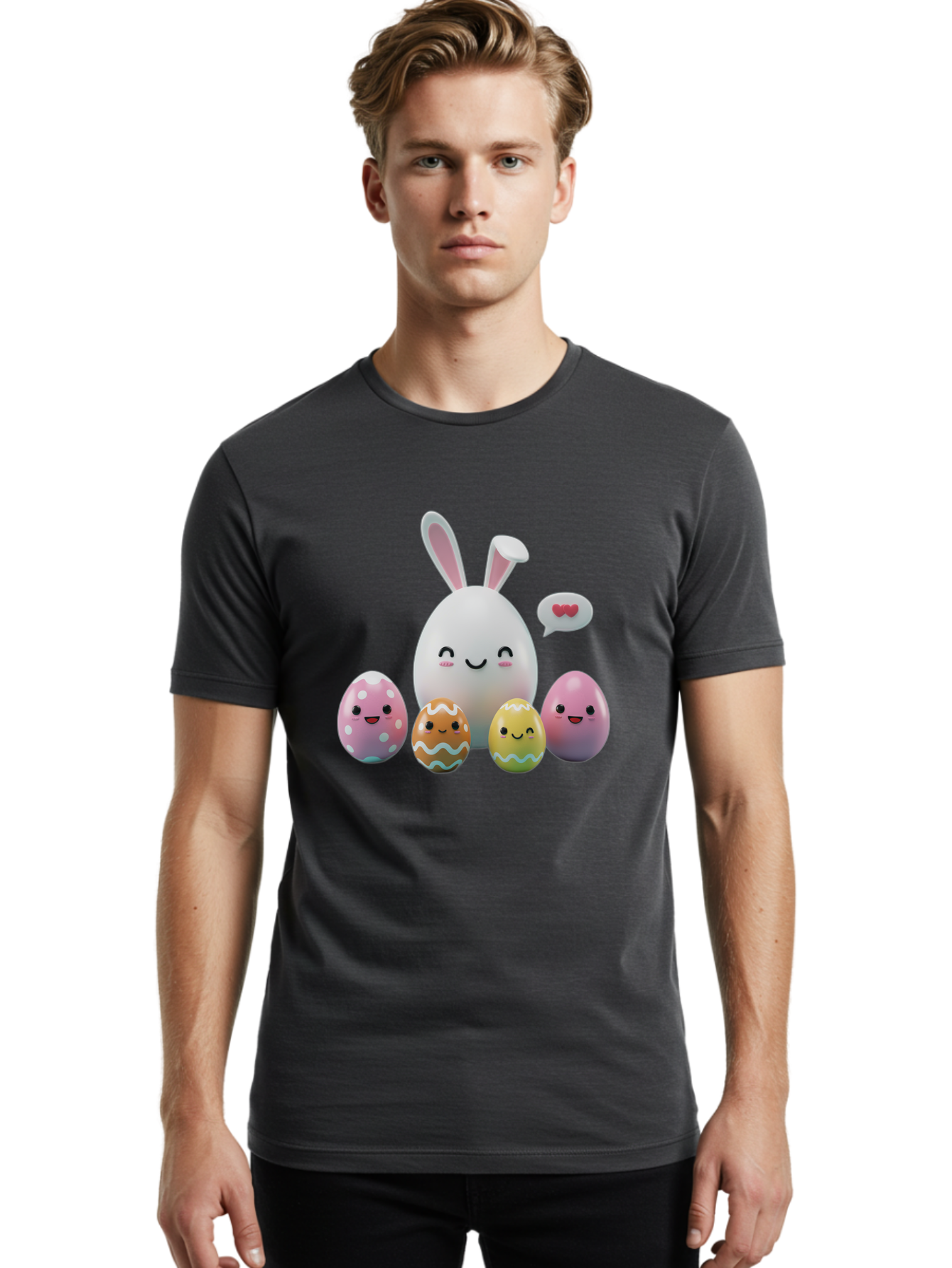 Easter-Egg-Friends Men'S Graphic Tee, 100% Cotton, Comfortable Casual Summer Wear, Machine Washable, Easter Eggs, Cartoon Eggs, Decorated Eggs, Cute Eggs, Egg Characters, Happy Easter, Pink Eggs, White Bunny, Cartoon Bunny, Easter Theme, Baa601