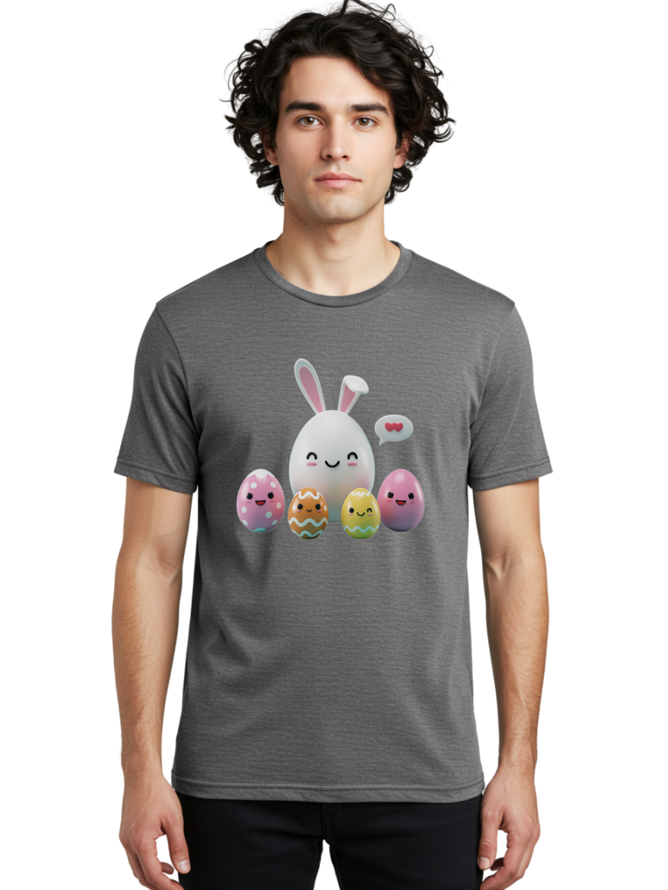 Easter-Egg-Friends Men'S Graphic Tee, 100% Cotton, Comfortable Casual Summer Wear, Machine Washable, Easter Eggs, Cartoon Eggs, Decorated Eggs, Cute Eggs, Egg Characters, Happy Easter, Pink Eggs, White Bunny, Cartoon Bunny, Easter Theme, Baa601