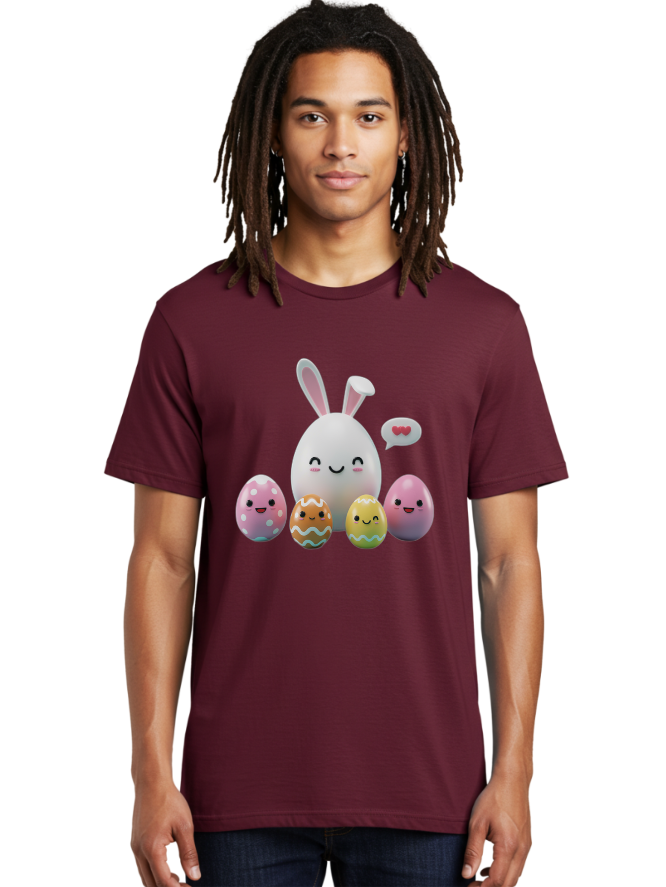 Easter-Egg-Friends Men'S Graphic Tee, 100% Cotton, Comfortable Casual Summer Wear, Machine Washable, Easter Eggs, Cartoon Eggs, Decorated Eggs, Cute Eggs, Egg Characters, Happy Easter, Pink Eggs, White Bunny, Cartoon Bunny, Easter Theme, Baa601