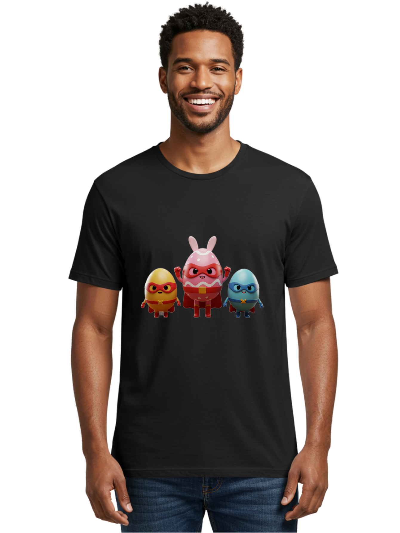 Easter-Egg-Heroes Men'S Graphic Tee, 100% Cotton, Comfortable Casual Summer Wear, Machine Washable, Cartoon Eggs, Superhero Eggs, Easter Eggs, Egg Characters, Superhero Costumes, Colorful Eggs, Fun Characters, Egg Mascots, Dynamic Duo, Baa602