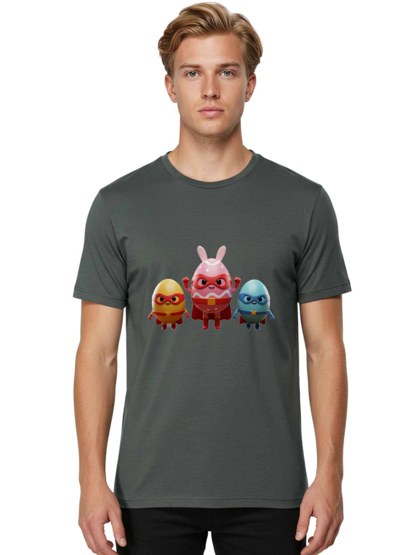 Easter-Egg-Heroes Men'S Graphic Tee, 100% Cotton, Comfortable Casual Summer Wear, Machine Washable, Cartoon Eggs, Superhero Eggs, Easter Eggs, Egg Characters, Superhero Costumes, Colorful Eggs, Fun Characters, Egg Mascots, Dynamic Duo, Baa602