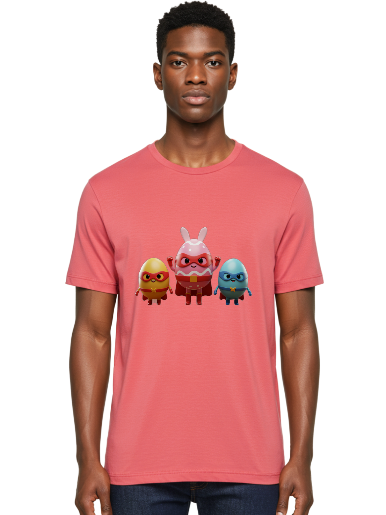 Easter-Egg-Heroes Men'S Graphic Tee, 100% Cotton, Comfortable Casual Summer Wear, Machine Washable, Cartoon Eggs, Superhero Eggs, Easter Eggs, Egg Characters, Superhero Costumes, Colorful Eggs, Fun Characters, Egg Mascots, Dynamic Duo, Baa602
