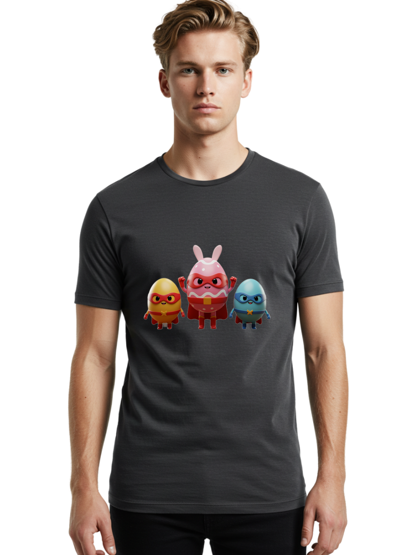 Easter-Egg-Heroes Men'S Graphic Tee, 100% Cotton, Comfortable Casual Summer Wear, Machine Washable, Cartoon Eggs, Superhero Eggs, Easter Eggs, Egg Characters, Superhero Costumes, Colorful Eggs, Fun Characters, Egg Mascots, Dynamic Duo, Baa602