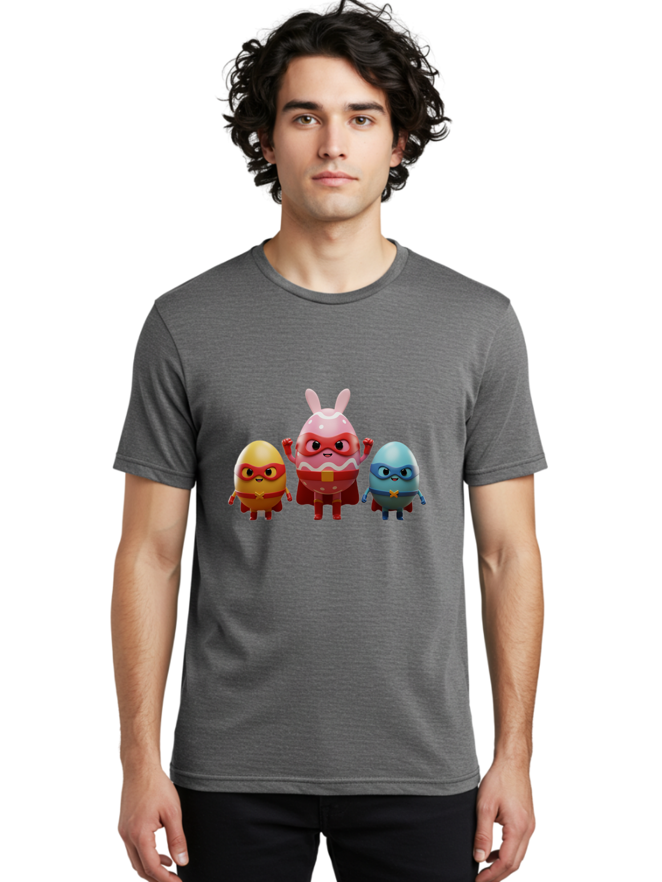 Easter-Egg-Heroes Men'S Graphic Tee, 100% Cotton, Comfortable Casual Summer Wear, Machine Washable, Cartoon Eggs, Superhero Eggs, Easter Eggs, Egg Characters, Superhero Costumes, Colorful Eggs, Fun Characters, Egg Mascots, Dynamic Duo, Baa602