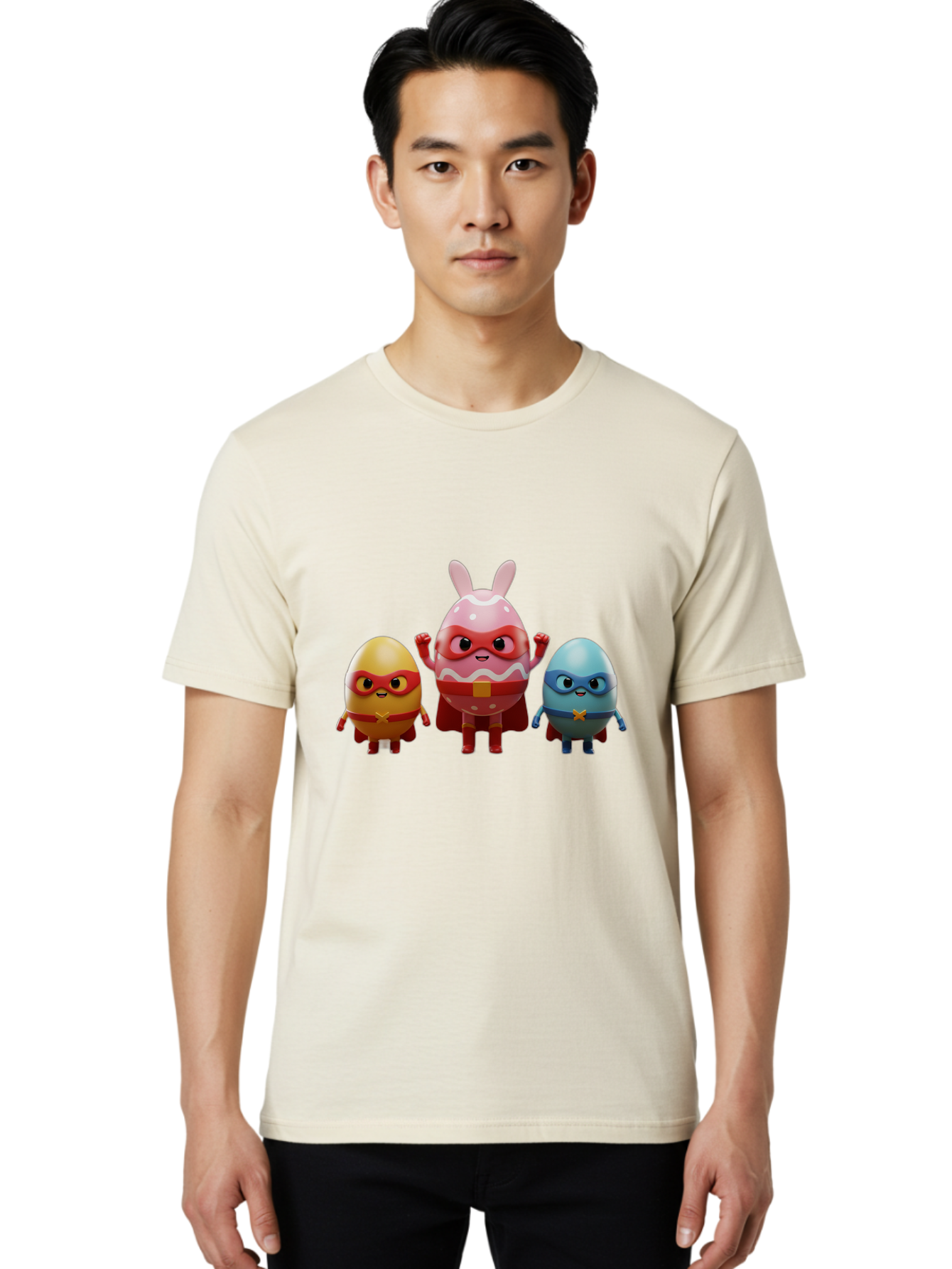 Easter-Egg-Heroes Men'S Graphic Tee, 100% Cotton, Comfortable Casual Summer Wear, Machine Washable, Cartoon Eggs, Superhero Eggs, Easter Eggs, Egg Characters, Superhero Costumes, Colorful Eggs, Fun Characters, Egg Mascots, Dynamic Duo, Baa602
