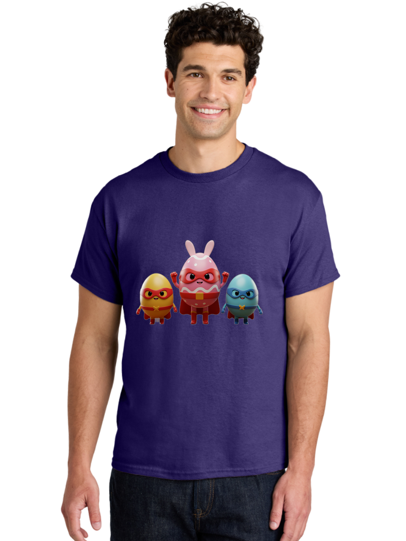 Easter-Egg-Heroes Men'S Graphic Tee, 100% Cotton, Comfortable Casual Summer Wear, Machine Washable, Cartoon Eggs, Superhero Eggs, Easter Eggs, Egg Characters, Superhero Costumes, Colorful Eggs, Fun Characters, Egg Mascots, Dynamic Duo, Baa602