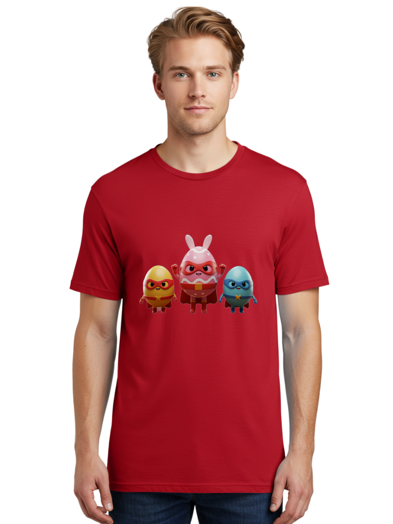 Easter-Egg-Heroes Men'S Graphic Tee, 100% Cotton, Comfortable Casual Summer Wear, Machine Washable, Cartoon Eggs, Superhero Eggs, Easter Eggs, Egg Characters, Superhero Costumes, Colorful Eggs, Fun Characters, Egg Mascots, Dynamic Duo, Baa602