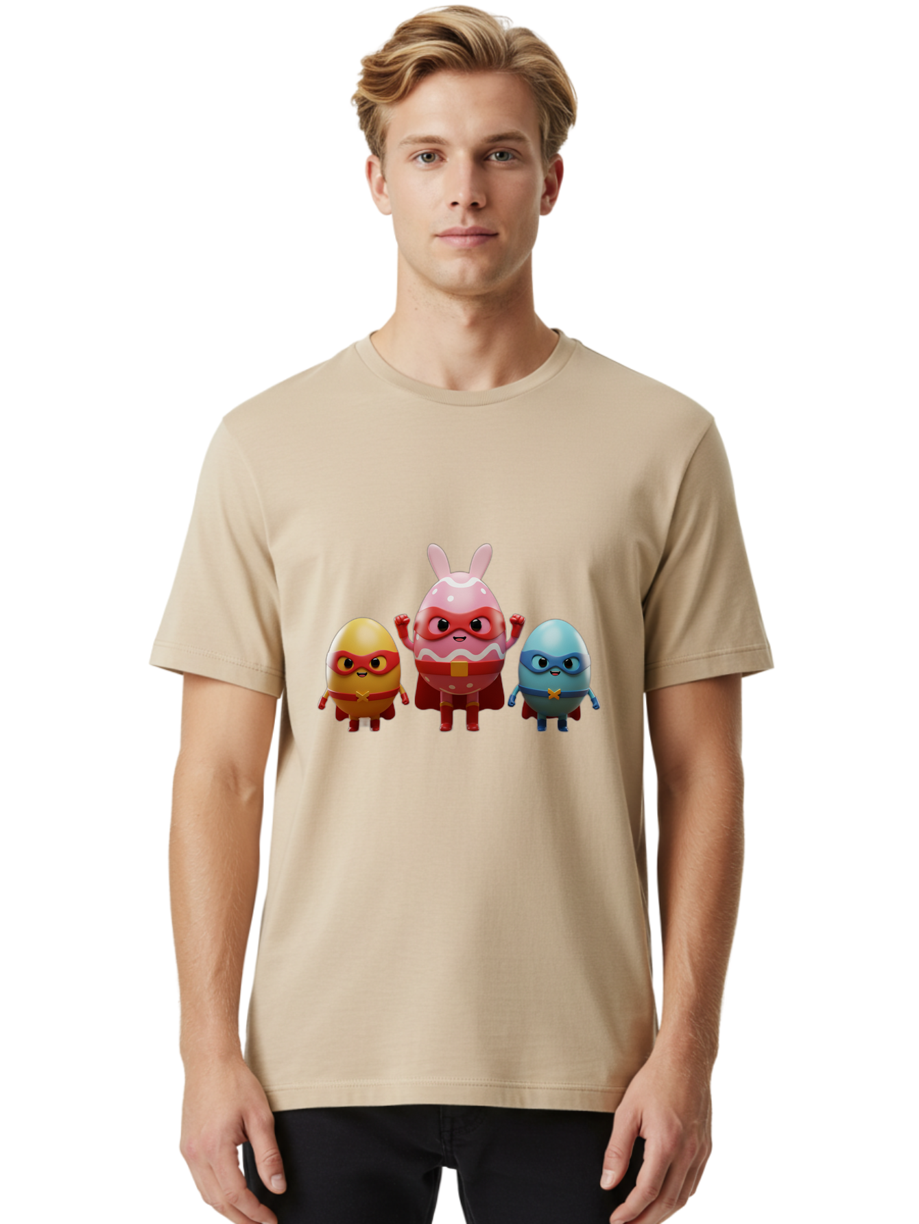 Easter-Egg-Heroes Men'S Graphic Tee, 100% Cotton, Comfortable Casual Summer Wear, Machine Washable, Cartoon Eggs, Superhero Eggs, Easter Eggs, Egg Characters, Superhero Costumes, Colorful Eggs, Fun Characters, Egg Mascots, Dynamic Duo, Baa602