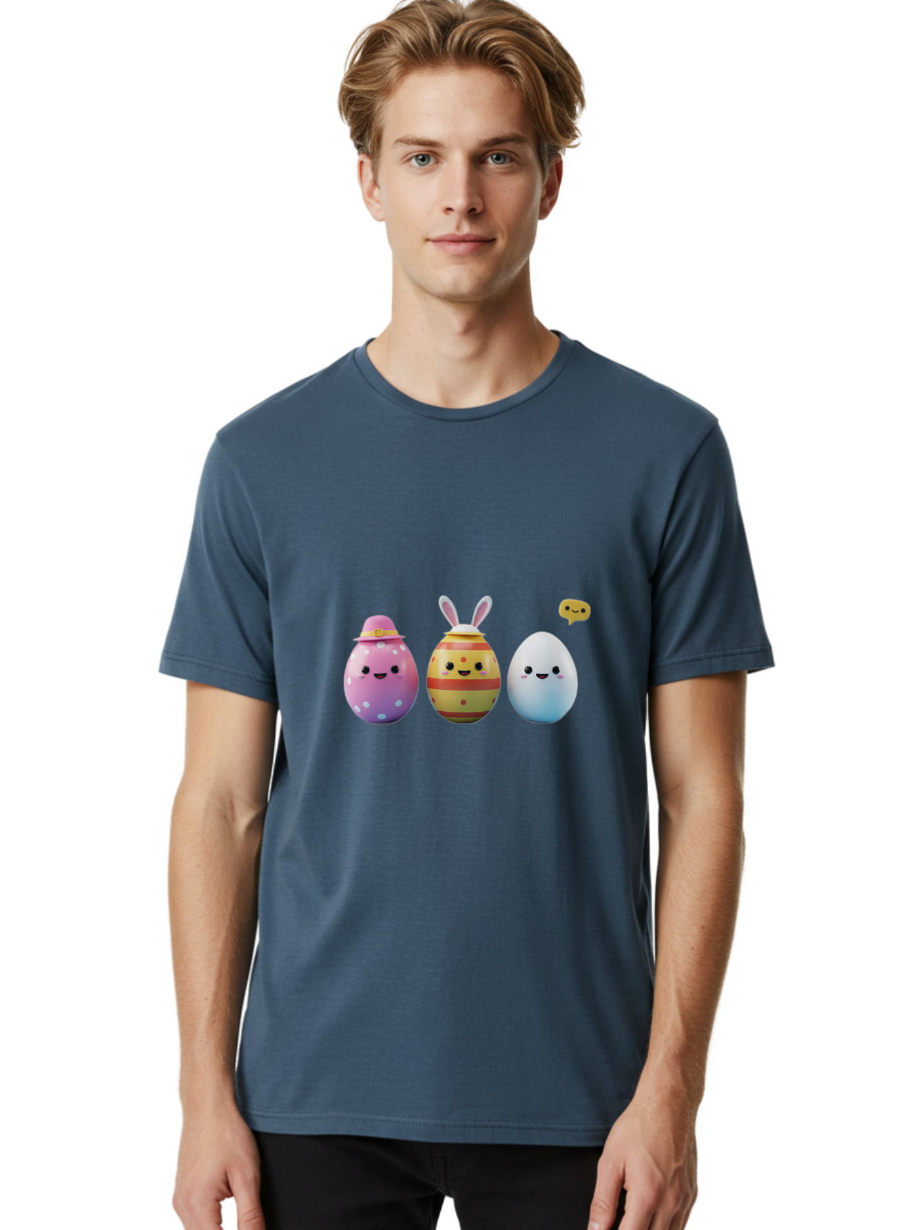 Easter-Eggs-1 Men'S Graphic Tee, 100% Cotton, Comfortable Casual Summer Wear, Machine Washable, Cartoon Easter Eggs, Colorful Eggs, Easter Egg Hunt, Spring Celebration, Adorable Characters, Cute Designs, Easter Egg Characters, Pastel Colors, Baa603
