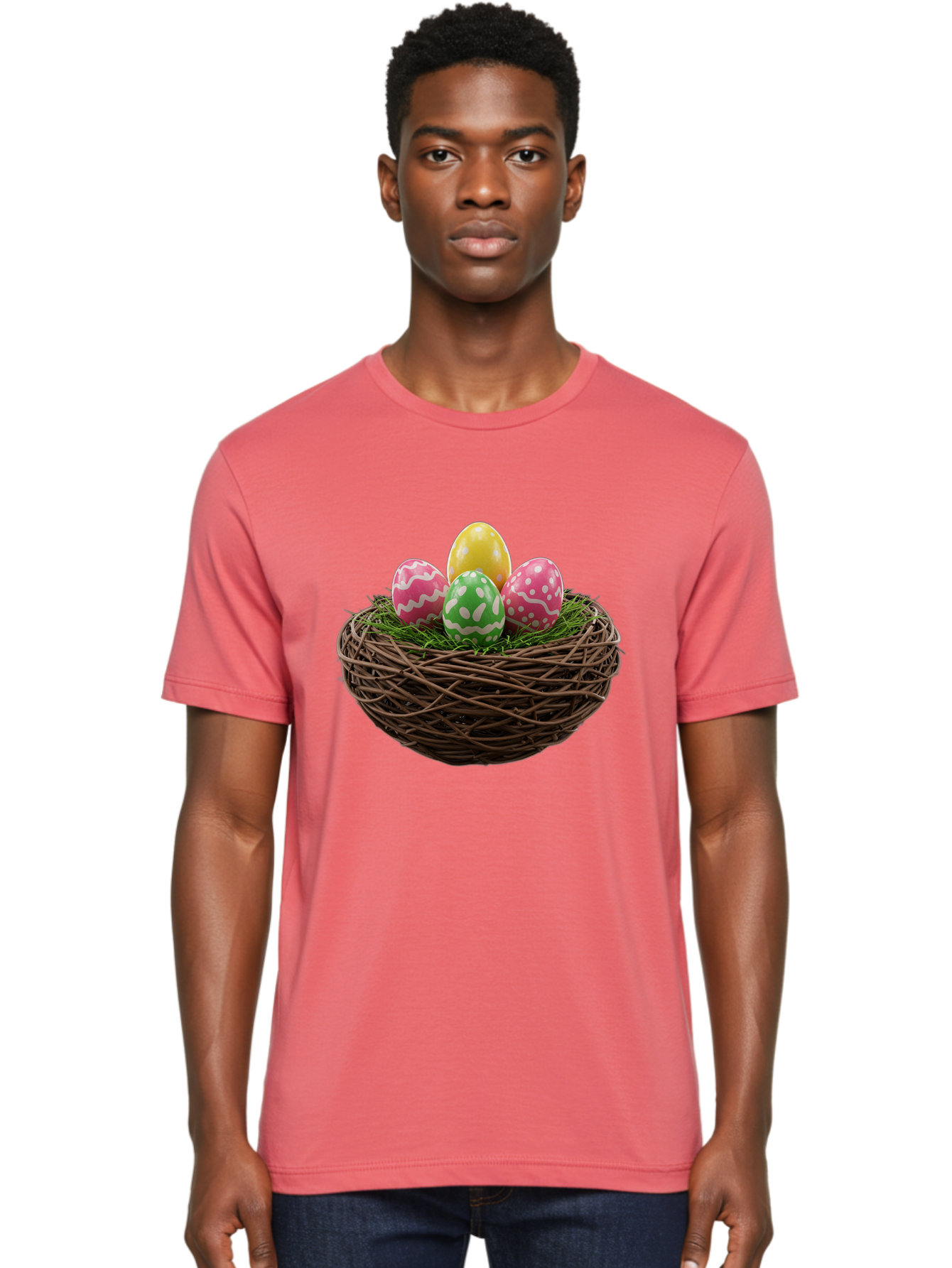 Easter-Eggs-10 Men'S Graphic Tee, 100% Cotton, Comfortable Casual Summer Wear, Machine Washable, Easter Eggs, Decorated Eggs, Wicker Nest, Springtime Decor, Holiday Celebration, Festive Colors, Pink, Green, And Yellow Eggs, Easter Tradition, Baa604