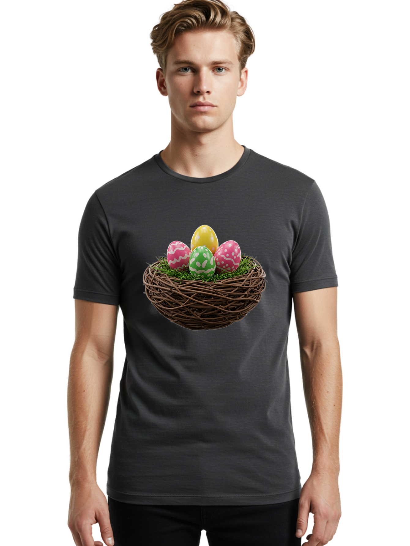 Easter-Eggs-10 Men'S Graphic Tee, 100% Cotton, Comfortable Casual Summer Wear, Machine Washable, Easter Eggs, Decorated Eggs, Wicker Nest, Springtime Decor, Holiday Celebration, Festive Colors, Pink, Green, And Yellow Eggs, Easter Tradition, Baa604