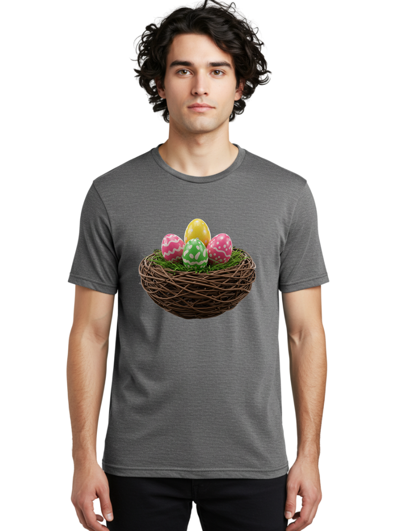 Easter-Eggs-10 Men'S Graphic Tee, 100% Cotton, Comfortable Casual Summer Wear, Machine Washable, Easter Eggs, Decorated Eggs, Wicker Nest, Springtime Decor, Holiday Celebration, Festive Colors, Pink, Green, And Yellow Eggs, Easter Tradition, Baa604