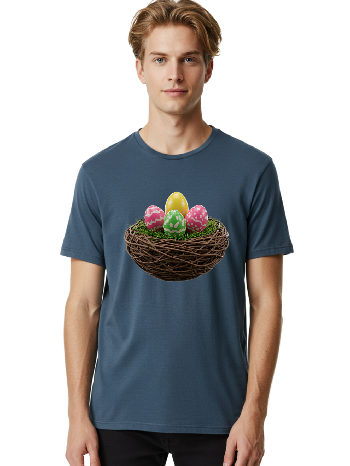 Easter-Eggs-10 Men'S Graphic Tee, 100% Cotton, Comfortable Casual Summer Wear, Machine Washable, Easter Eggs, Decorated Eggs, Wicker Nest, Springtime Decor, Holiday Celebration, Festive Colors, Pink, Green, And Yellow Eggs, Easter Tradition, Baa604