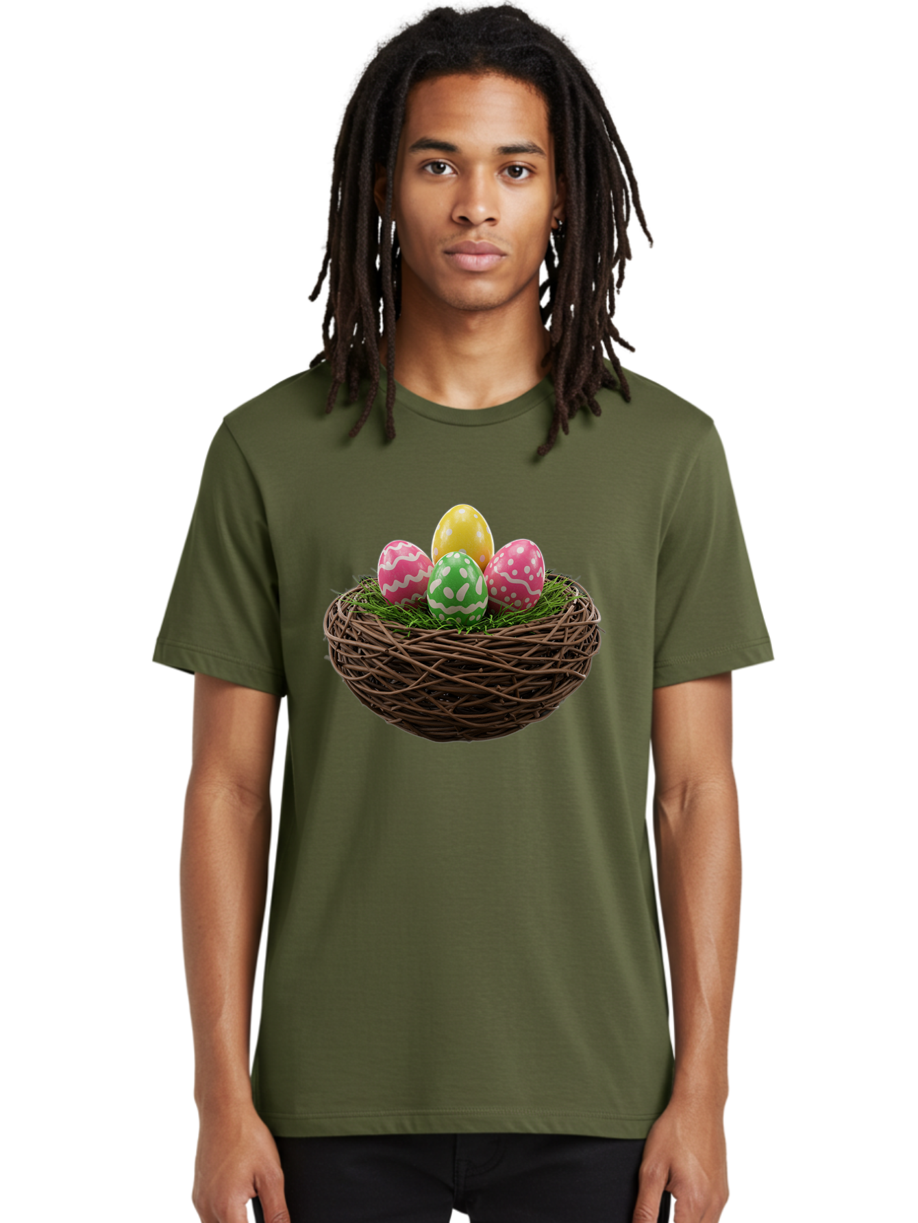 Easter-Eggs-10 Men'S Graphic Tee, 100% Cotton, Comfortable Casual Summer Wear, Machine Washable, Easter Eggs, Decorated Eggs, Wicker Nest, Springtime Decor, Holiday Celebration, Festive Colors, Pink, Green, And Yellow Eggs, Easter Tradition, Baa604
