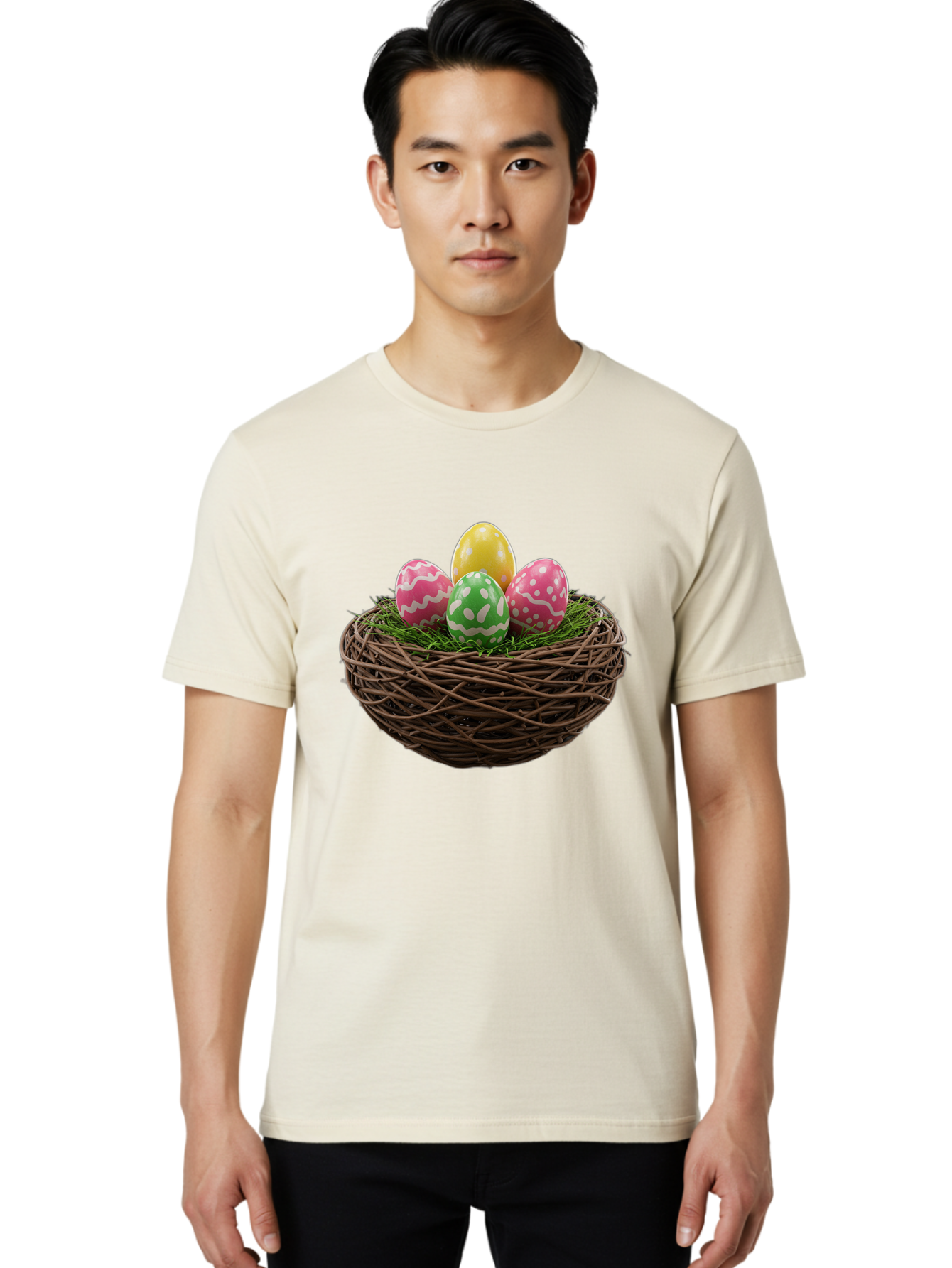 Easter-Eggs-10 Men'S Graphic Tee, 100% Cotton, Comfortable Casual Summer Wear, Machine Washable, Easter Eggs, Decorated Eggs, Wicker Nest, Springtime Decor, Holiday Celebration, Festive Colors, Pink, Green, And Yellow Eggs, Easter Tradition, Baa604