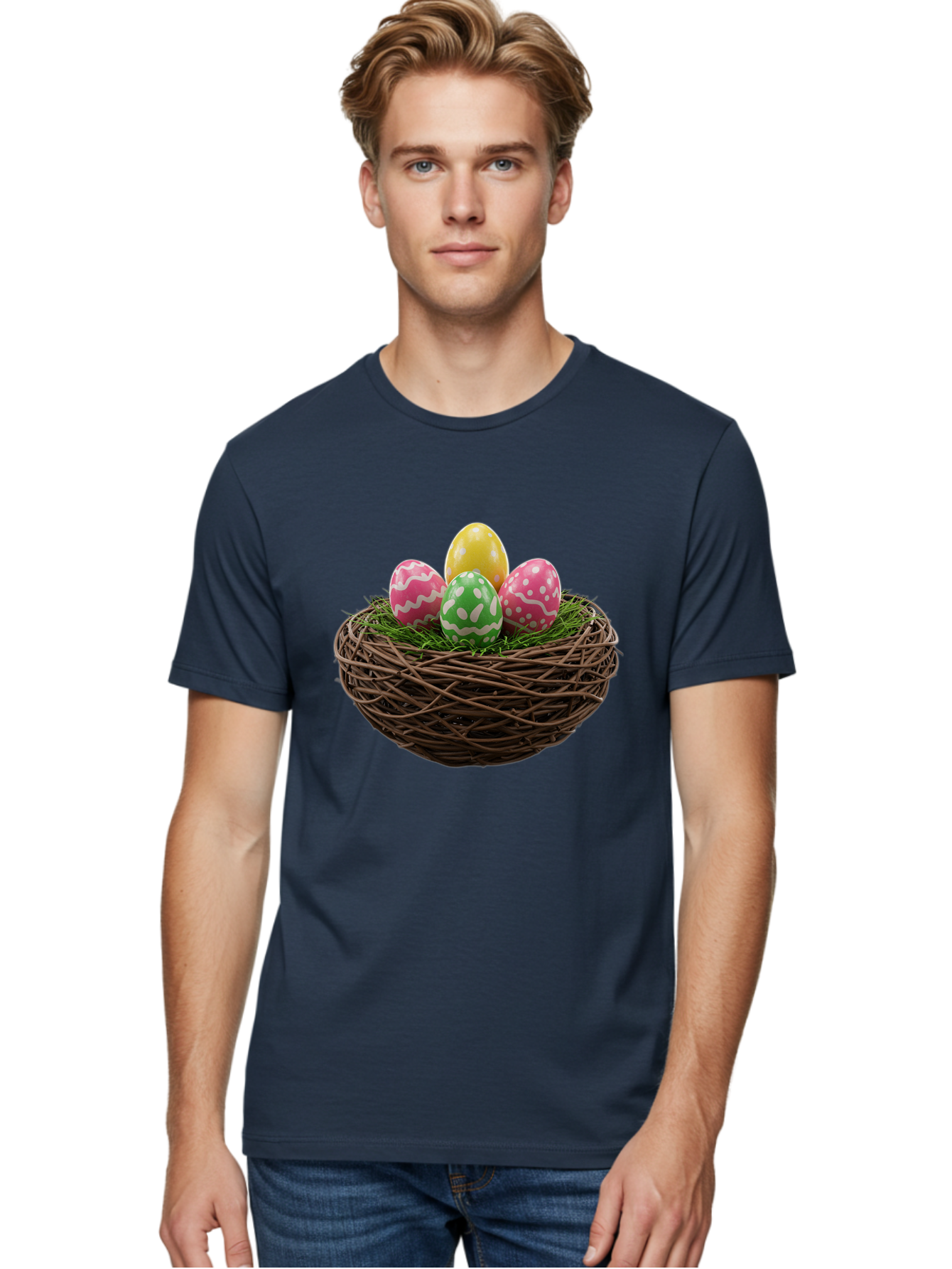 Easter-Eggs-10 Men'S Graphic Tee, 100% Cotton, Comfortable Casual Summer Wear, Machine Washable, Easter Eggs, Decorated Eggs, Wicker Nest, Springtime Decor, Holiday Celebration, Festive Colors, Pink, Green, And Yellow Eggs, Easter Tradition, Baa604
