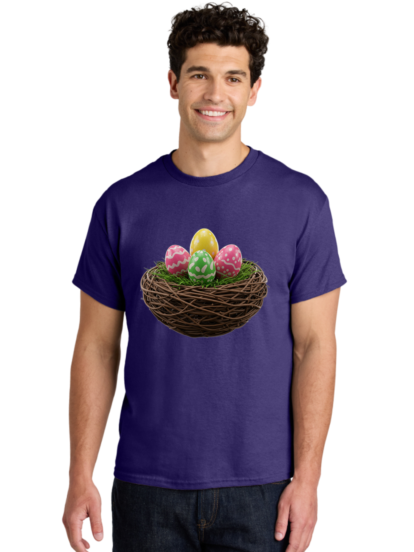 Easter-Eggs-10 Men'S Graphic Tee, 100% Cotton, Comfortable Casual Summer Wear, Machine Washable, Easter Eggs, Decorated Eggs, Wicker Nest, Springtime Decor, Holiday Celebration, Festive Colors, Pink, Green, And Yellow Eggs, Easter Tradition, Baa604