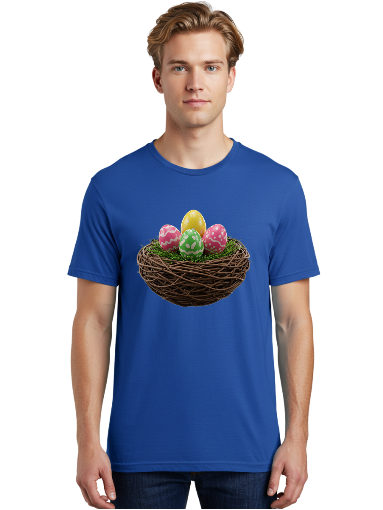 Easter-Eggs-10 Men'S Graphic Tee, 100% Cotton, Comfortable Casual Summer Wear, Machine Washable, Easter Eggs, Decorated Eggs, Wicker Nest, Springtime Decor, Holiday Celebration, Festive Colors, Pink, Green, And Yellow Eggs, Easter Tradition, Baa604