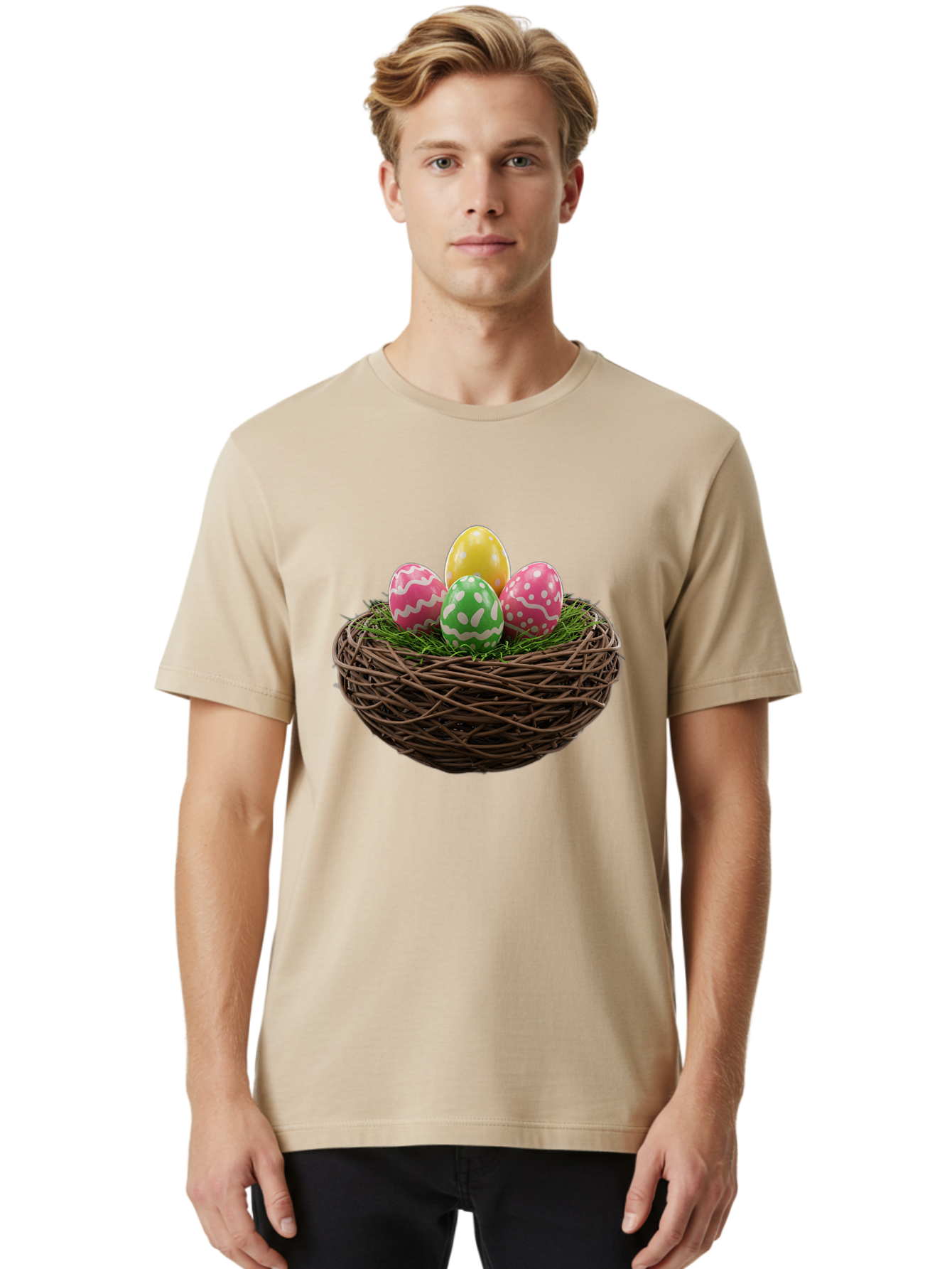 Easter-Eggs-10 Men'S Graphic Tee, 100% Cotton, Comfortable Casual Summer Wear, Machine Washable, Easter Eggs, Decorated Eggs, Wicker Nest, Springtime Decor, Holiday Celebration, Festive Colors, Pink, Green, And Yellow Eggs, Easter Tradition, Baa604