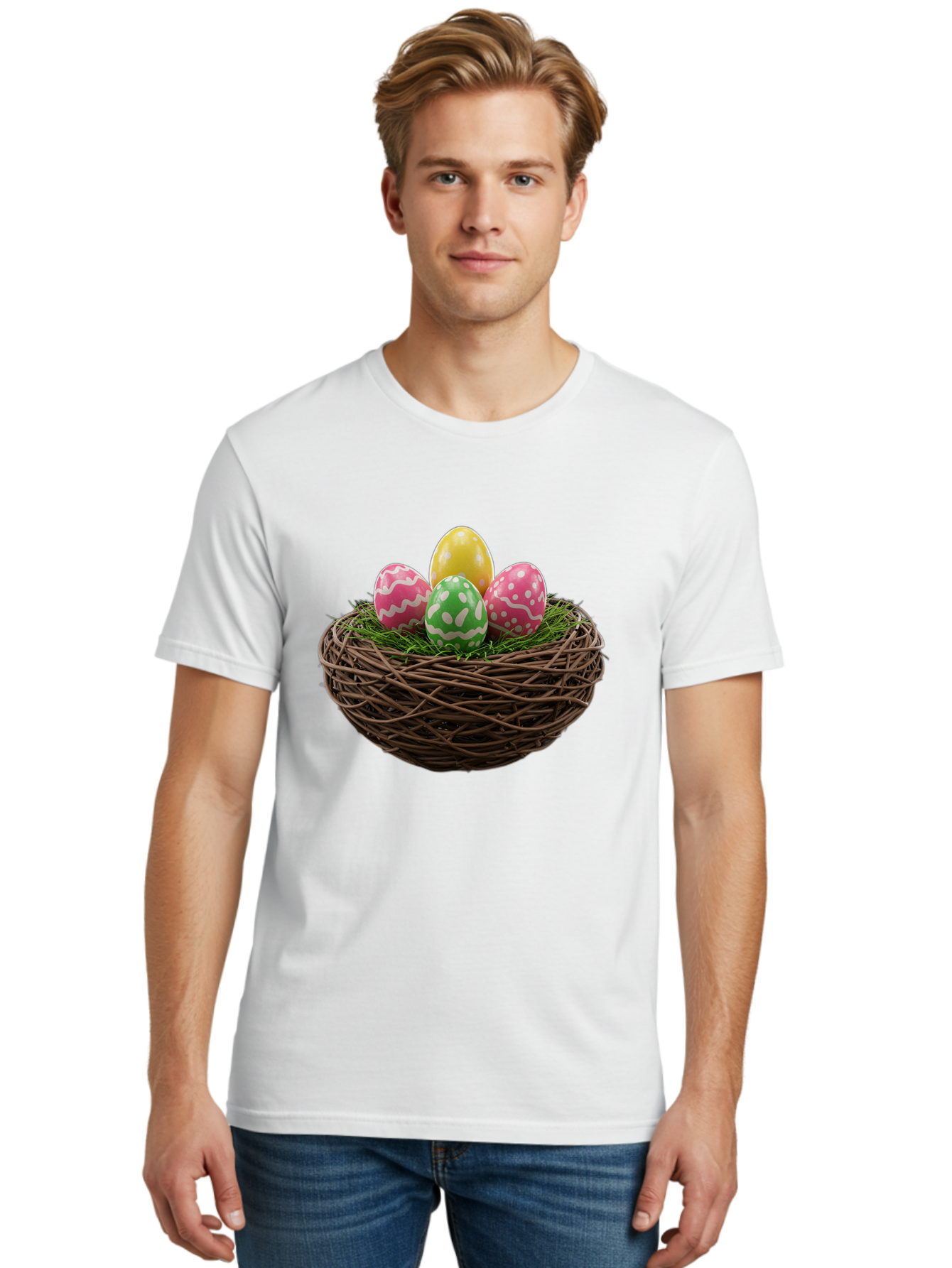 Easter-Eggs-10 Men'S Graphic Tee, 100% Cotton, Comfortable Casual Summer Wear, Machine Washable, Easter Eggs, Decorated Eggs, Wicker Nest, Springtime Decor, Holiday Celebration, Festive Colors, Pink, Green, And Yellow Eggs, Easter Tradition, Baa604