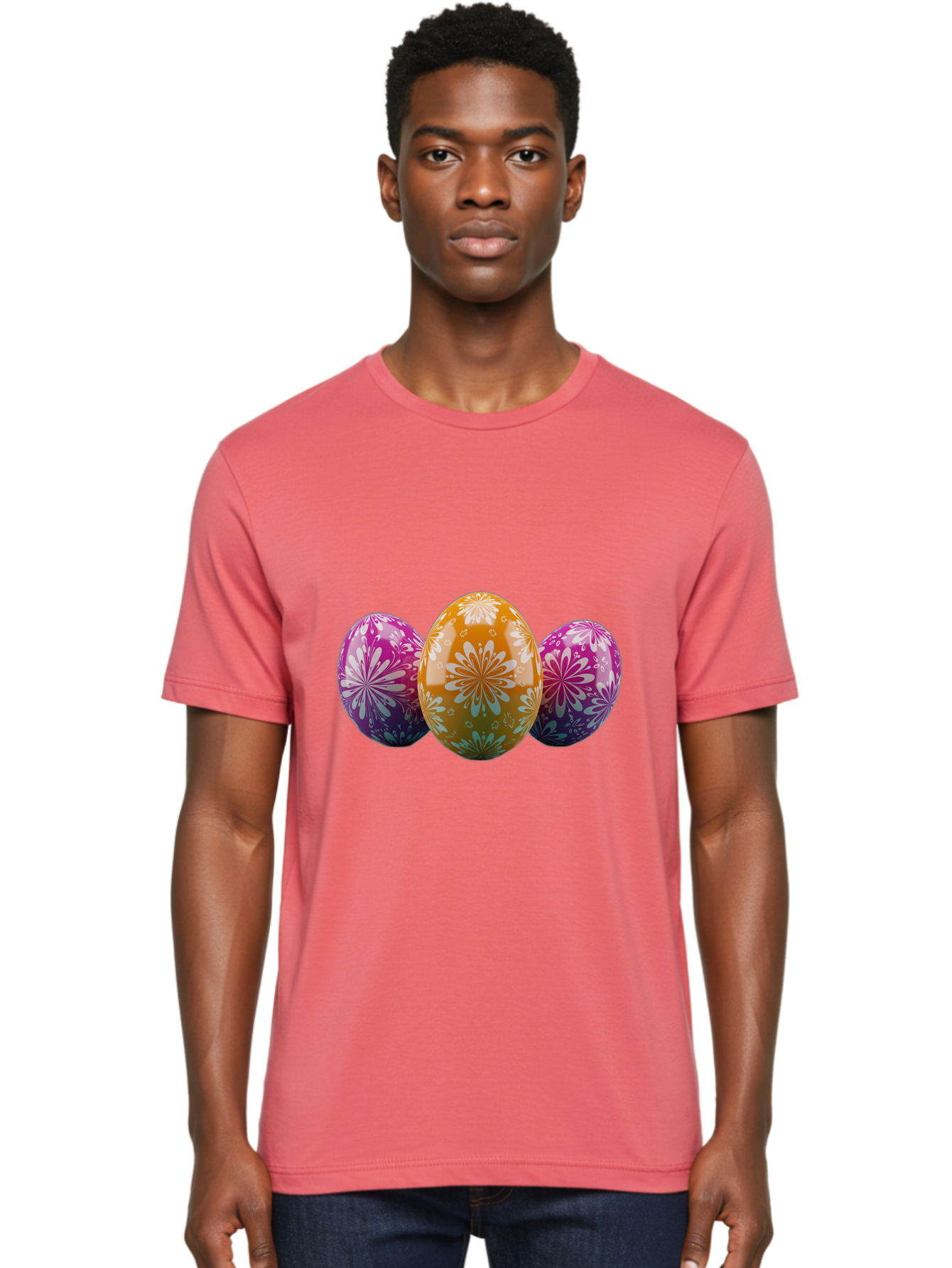 Easter-Eggs-11 Men'S Graphic Tee, 100% Cotton, Comfortable Casual Summer Wear, Machine Washable, Decorated Easter Eggs, Floral Patterns, Purple And Orange Eggs, Shiny Finish, Easter Celebration, Spring Decorations, Festive Eggs, Baa605