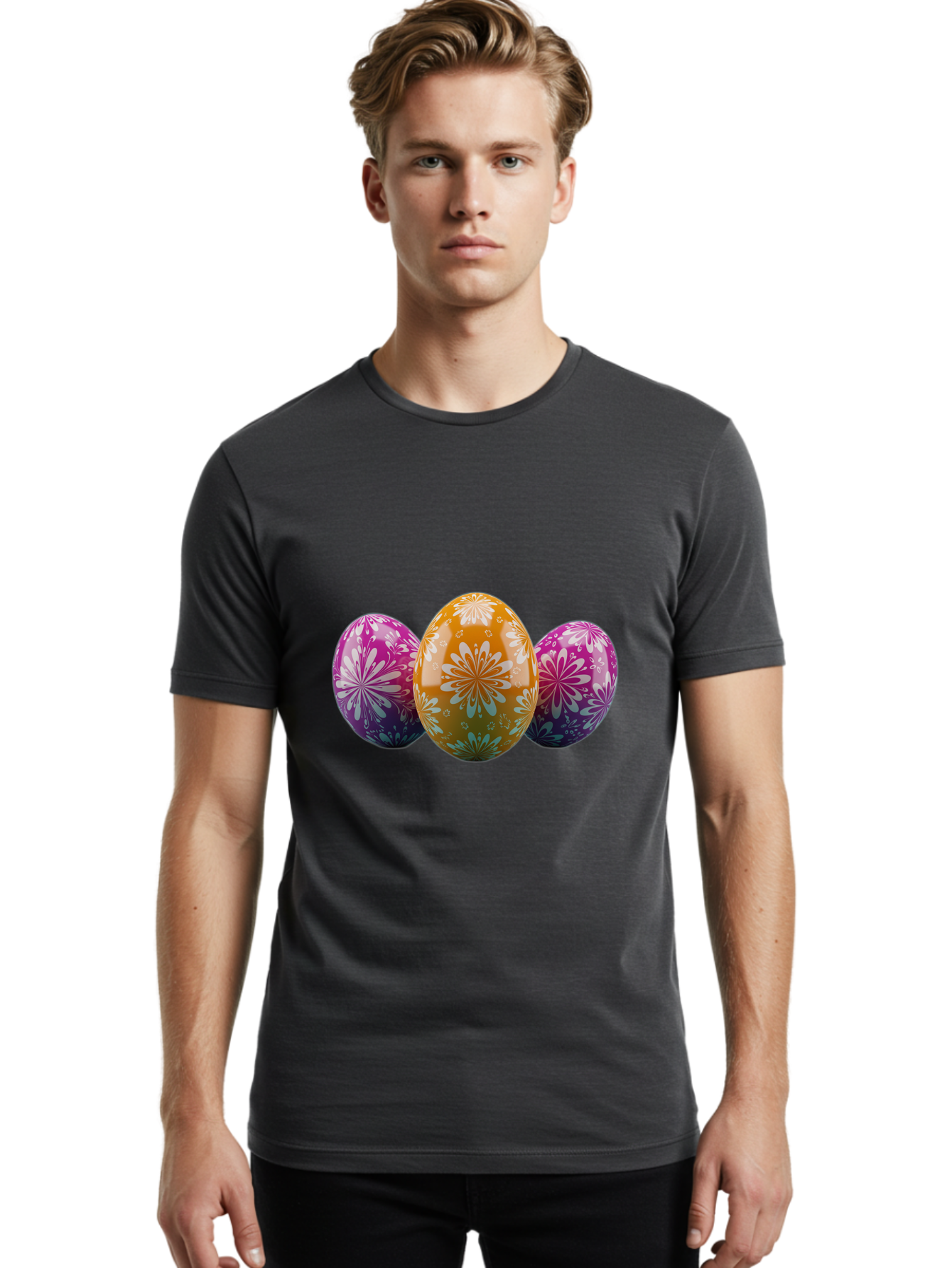 Easter-Eggs-11 Men'S Graphic Tee, 100% Cotton, Comfortable Casual Summer Wear, Machine Washable, Decorated Easter Eggs, Floral Patterns, Purple And Orange Eggs, Shiny Finish, Easter Celebration, Spring Decorations, Festive Eggs, Baa605